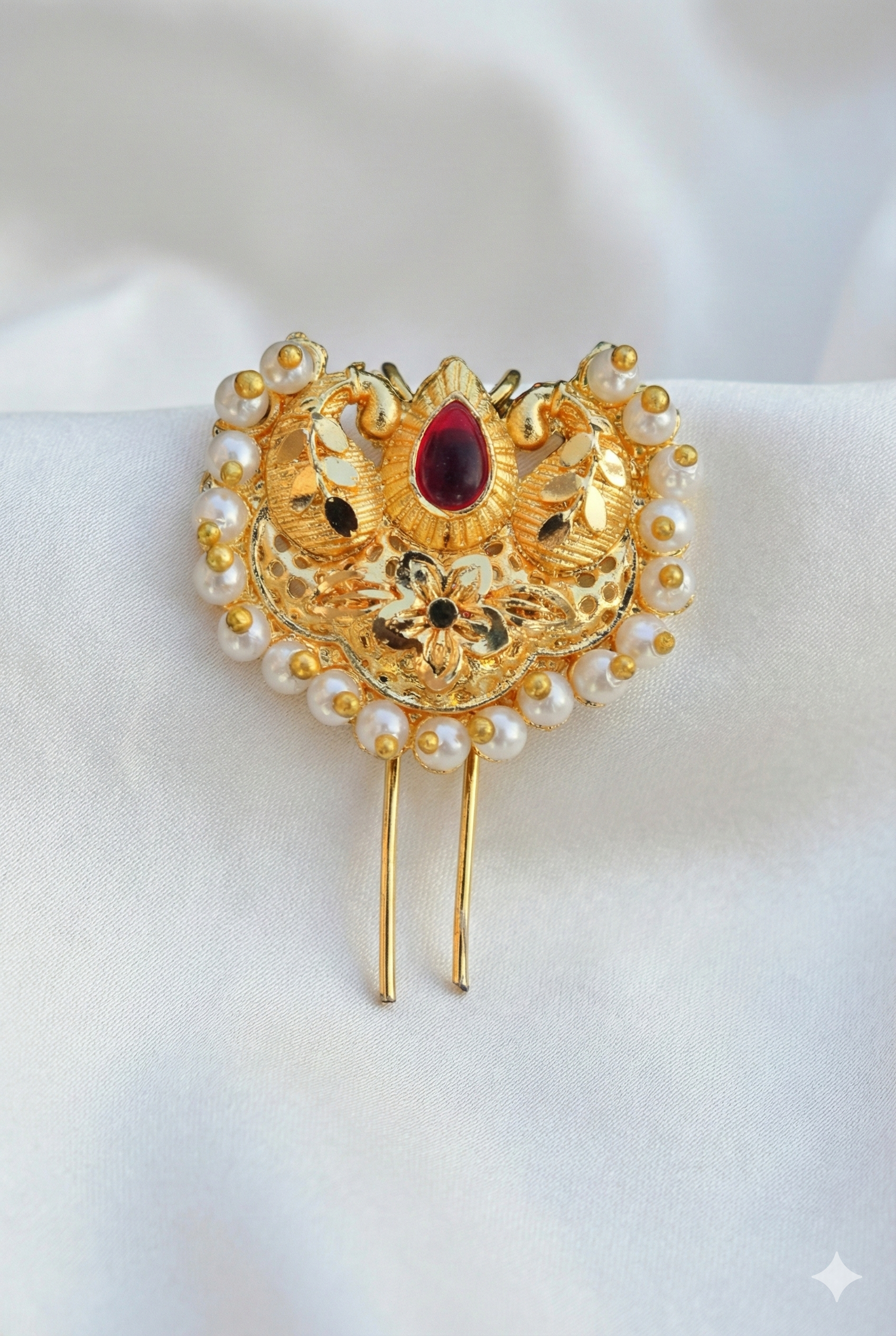 Royal Golden Khopa Hair Pin with Ruby Stone | Traditional Bridal Jewelry