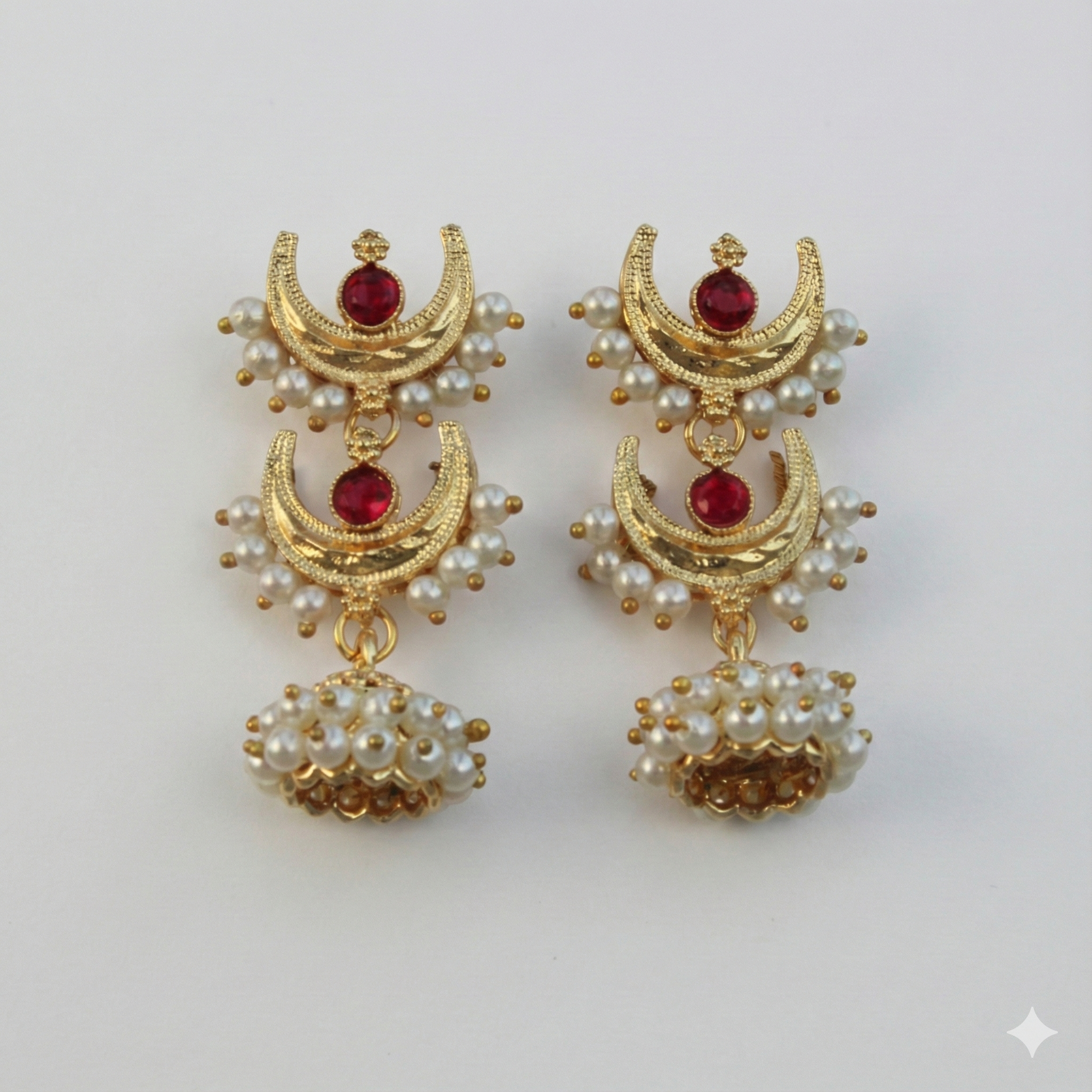 Double Chandbali Pearl Jhumka Earrings with Red Stones | Gold Plated Ethnic Jewellery