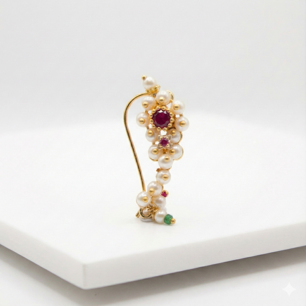 Traditional Maharashtrian Pearl Nath | Gold Plated Non-Press Nose Pin for Pierced Nose