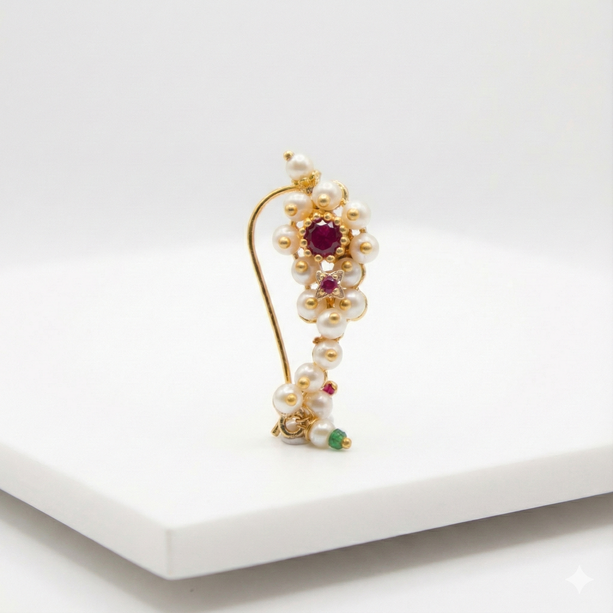 Traditional Maharashtrian Pearl Nath | Gold Plated Non-Press Nose Pin for Pierced Nose