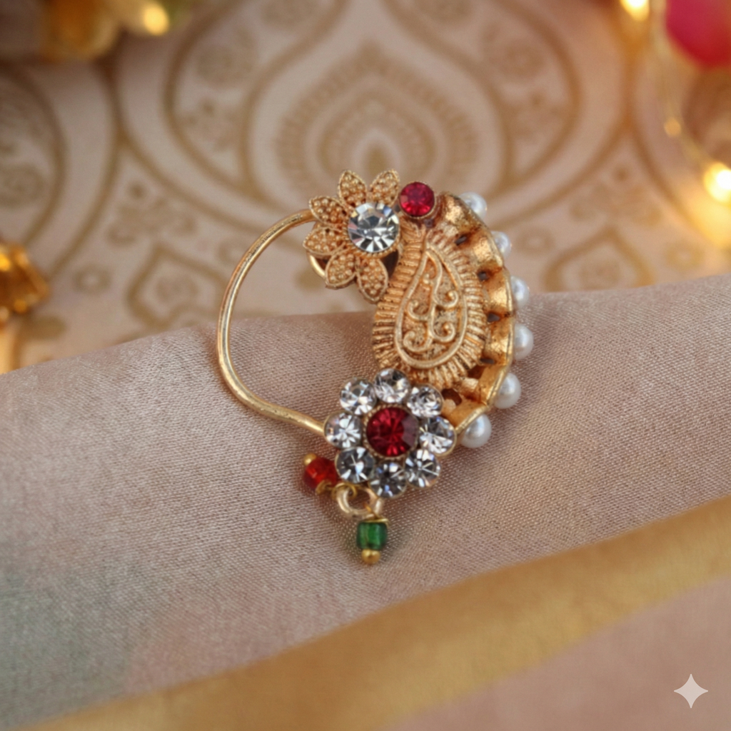 Traditional Maharashtrian Press Nath | Gold Plated Clip-On Nose Pin (No Piercing Needed)