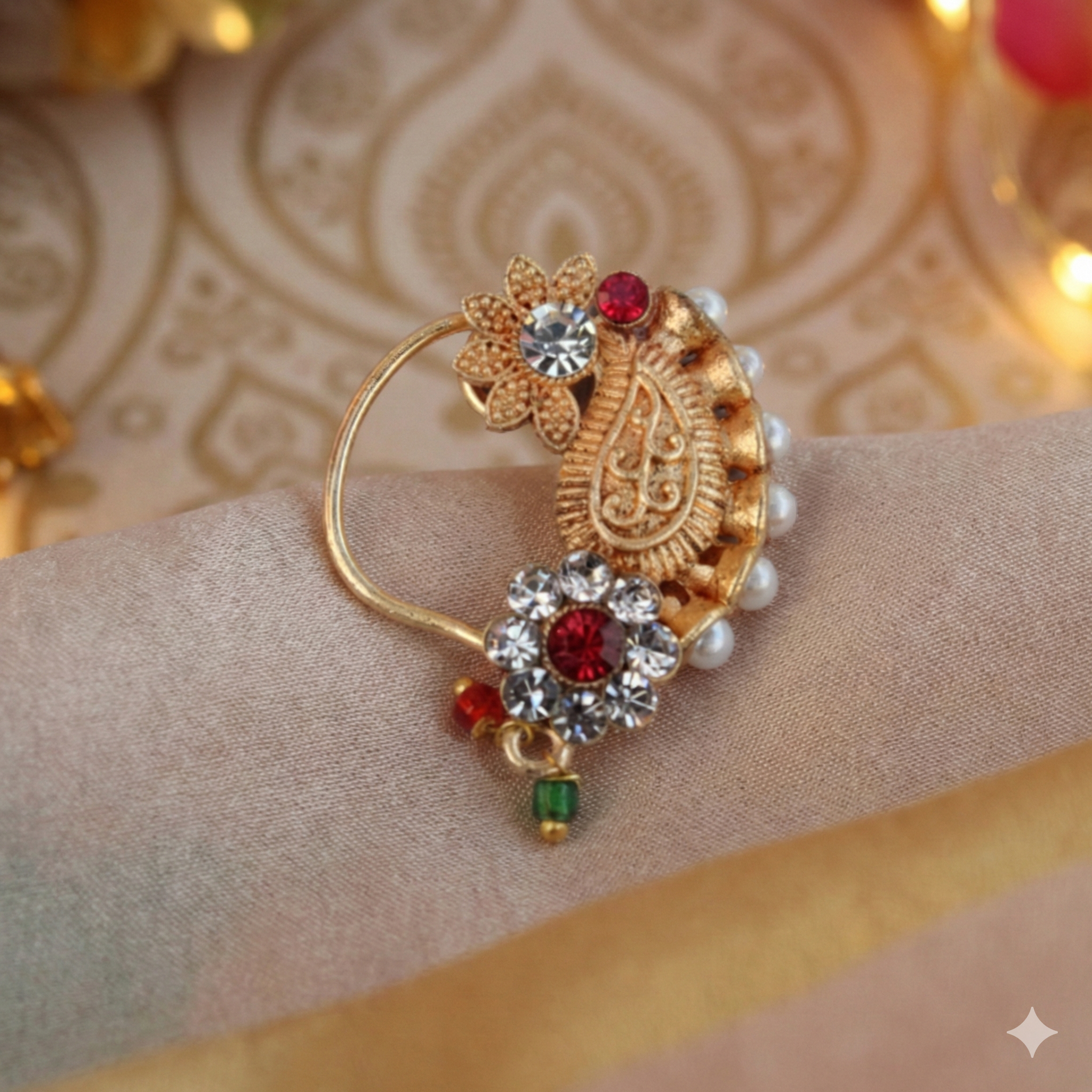 Traditional Maharashtrian Press Nath | Gold Plated Clip-On Nose Pin (No Piercing Needed)