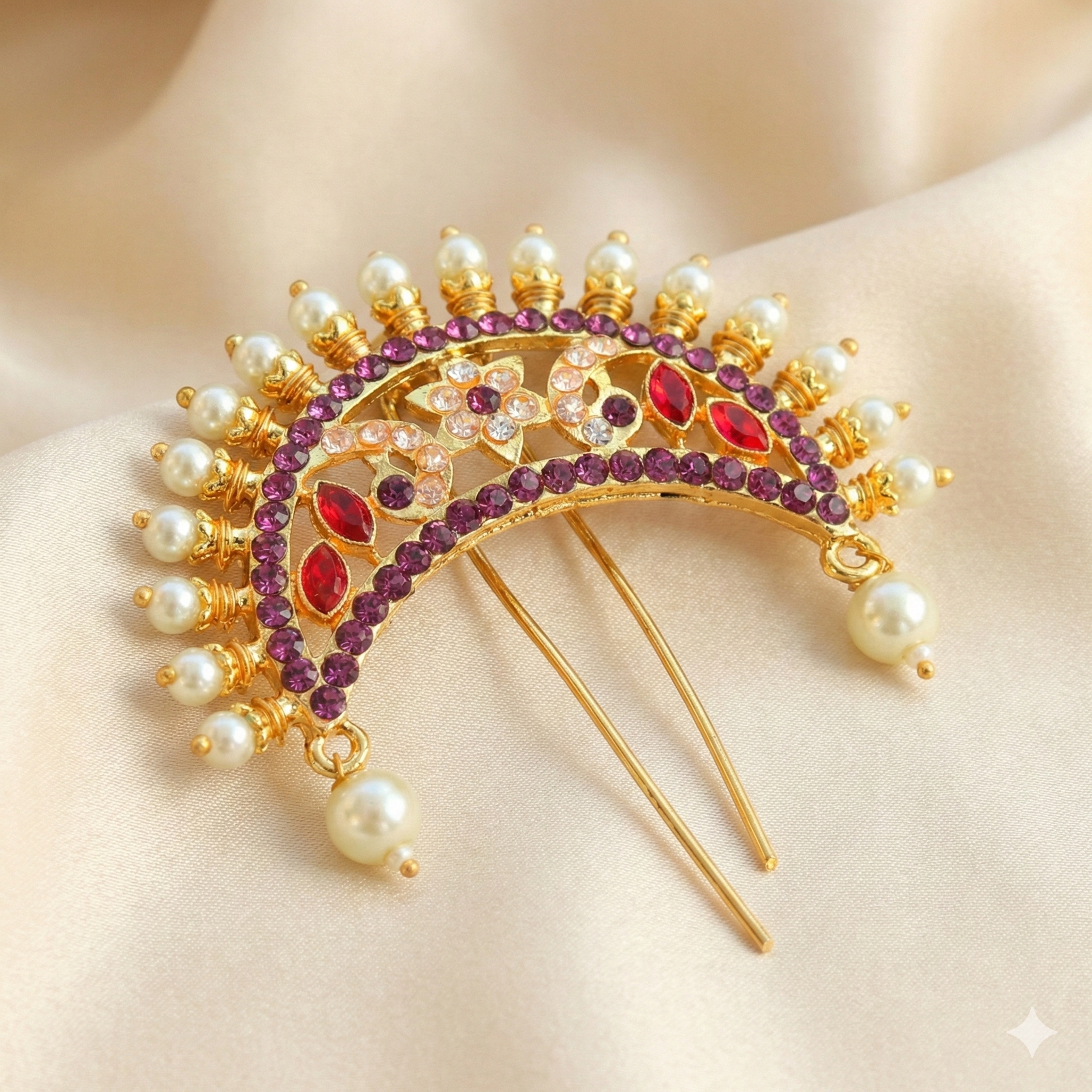 Regal Crown Design Golden Khopa with Ruby Stones | Bridal Hair Accessory