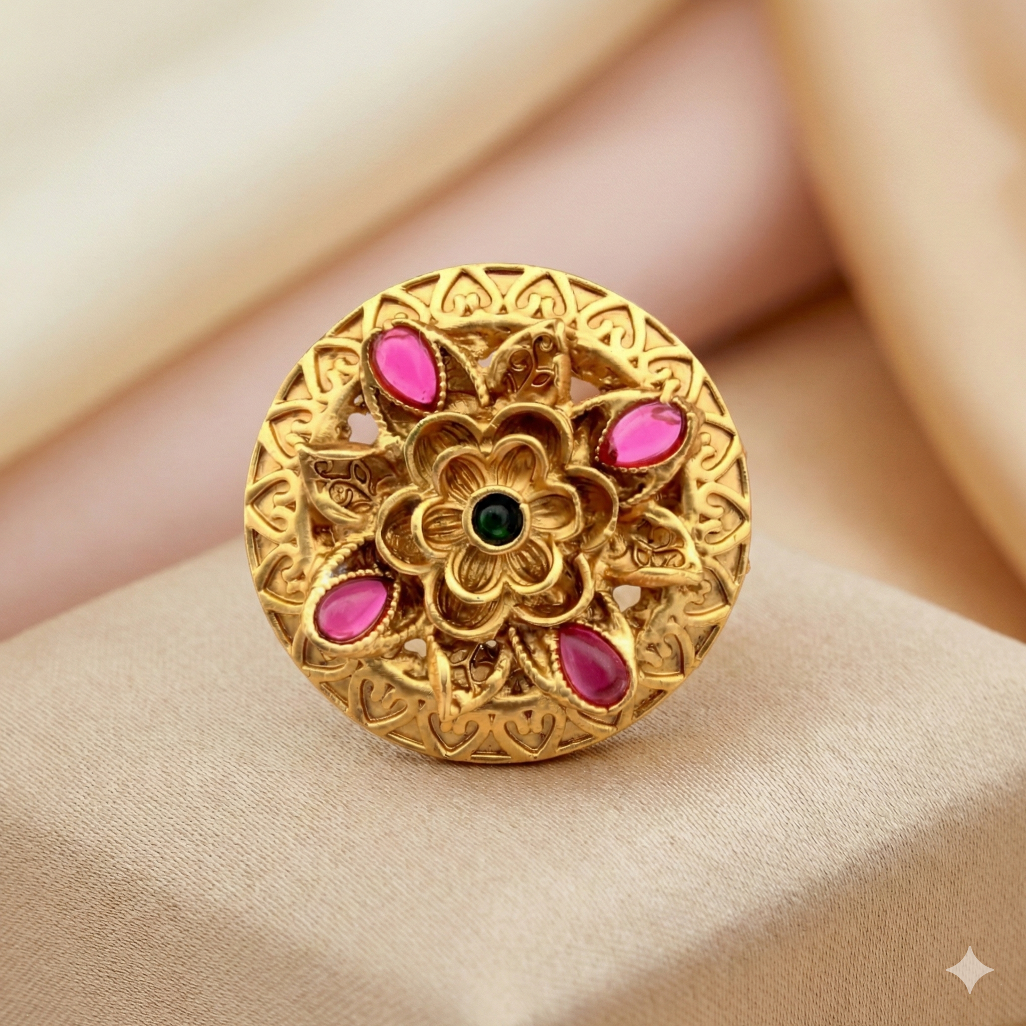 Golden Filigree Mandala Ring with Pink Stones - Imitation Jewelry