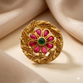 Golden Floral Ring with Pink and Green Stones - Imitation Jewelry