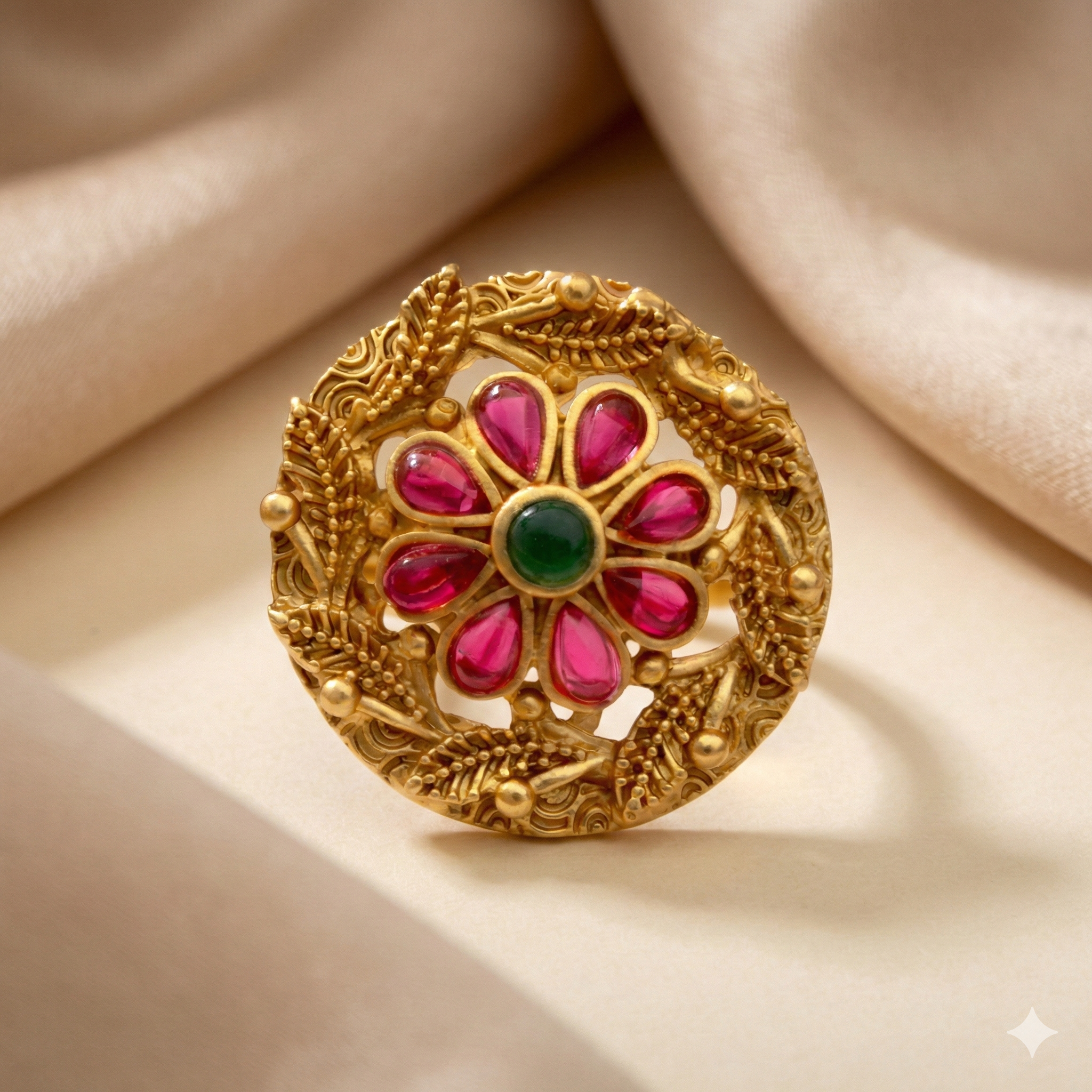 Golden Floral Ring with Pink and Green Stones - Imitation Jewelry