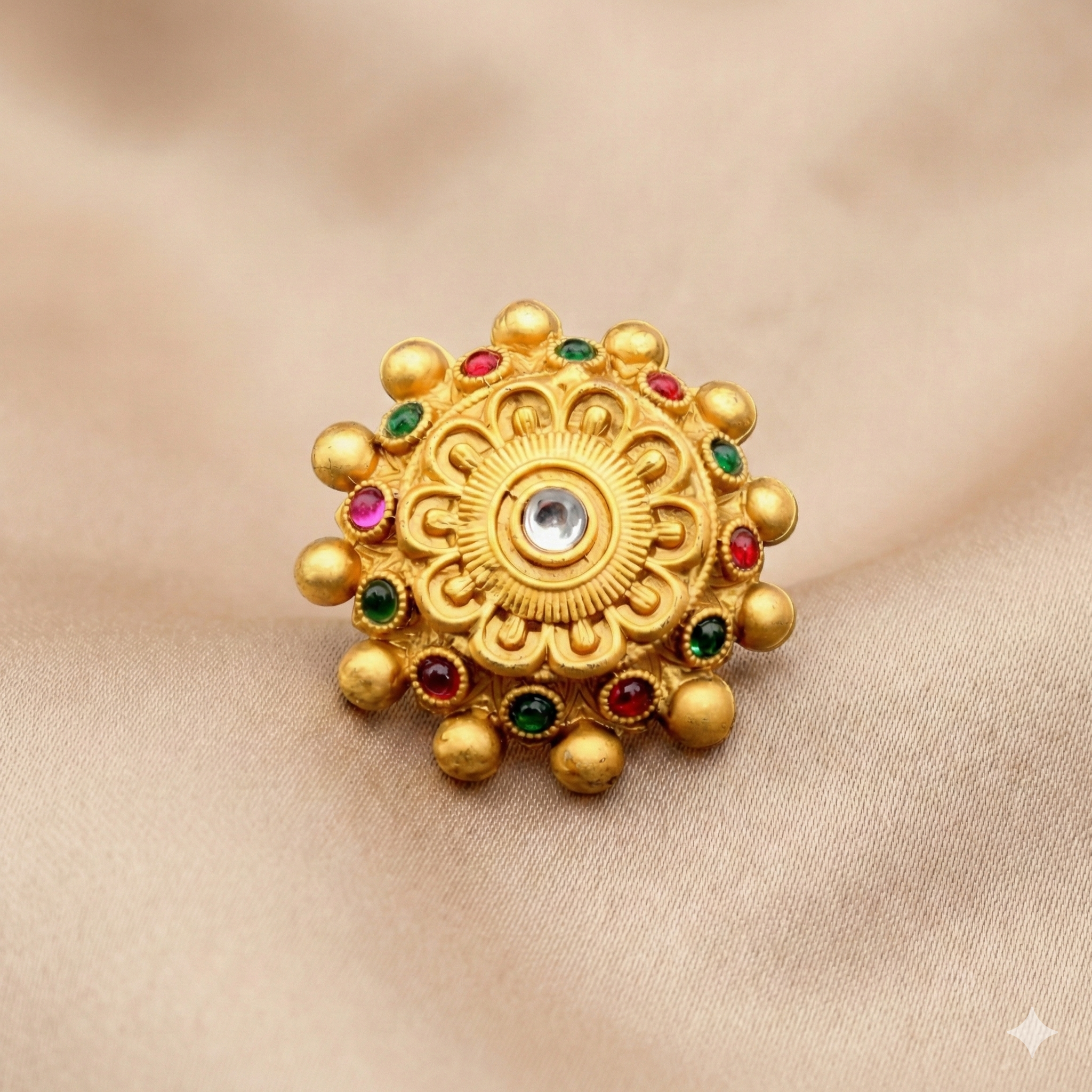Gold Plated Traditional Ring - Adjustable Antique Ring with Multicolor Stones and Pearl Accents