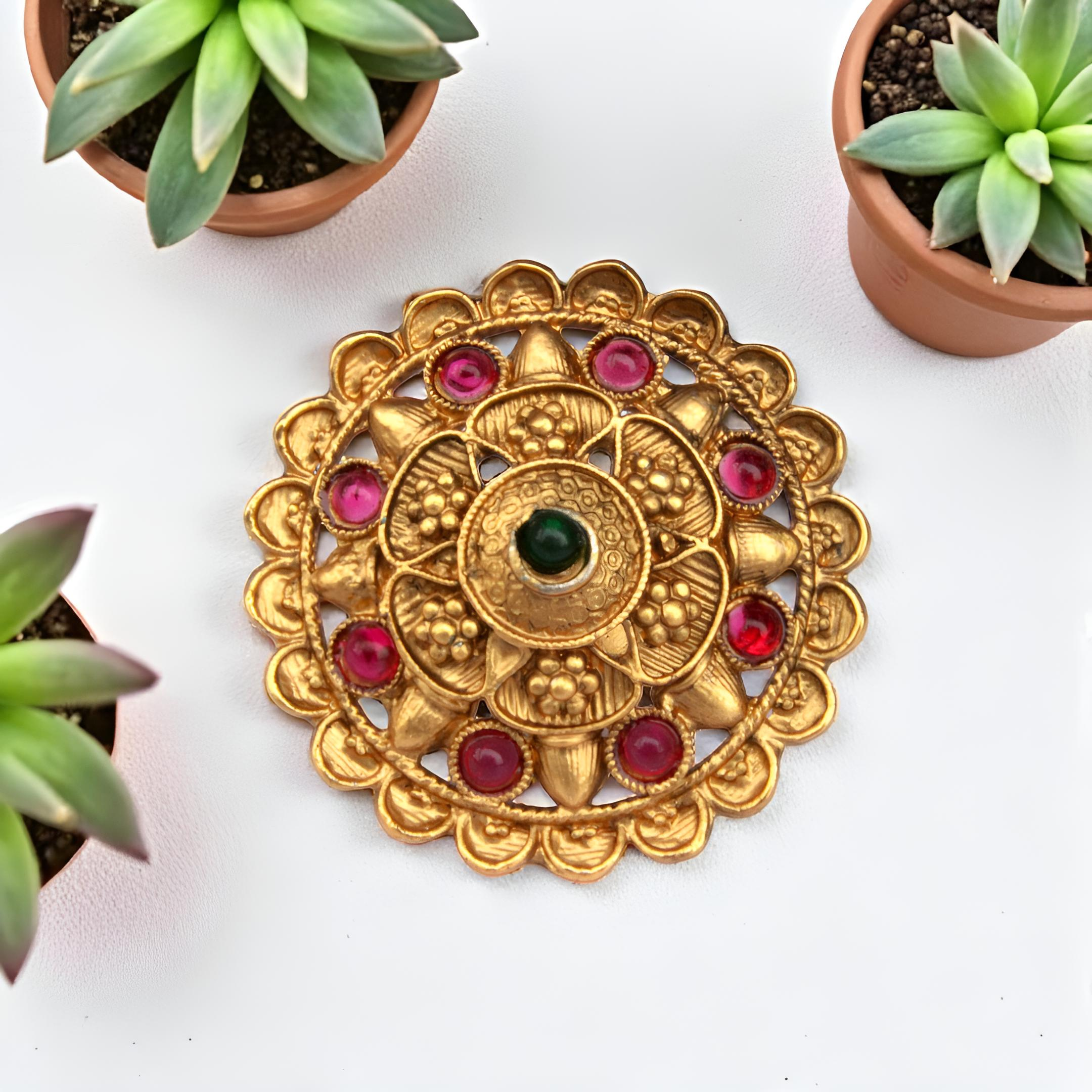 Gold Plated Mandala Ring - Adjustable Traditional Ring with Pink Stones