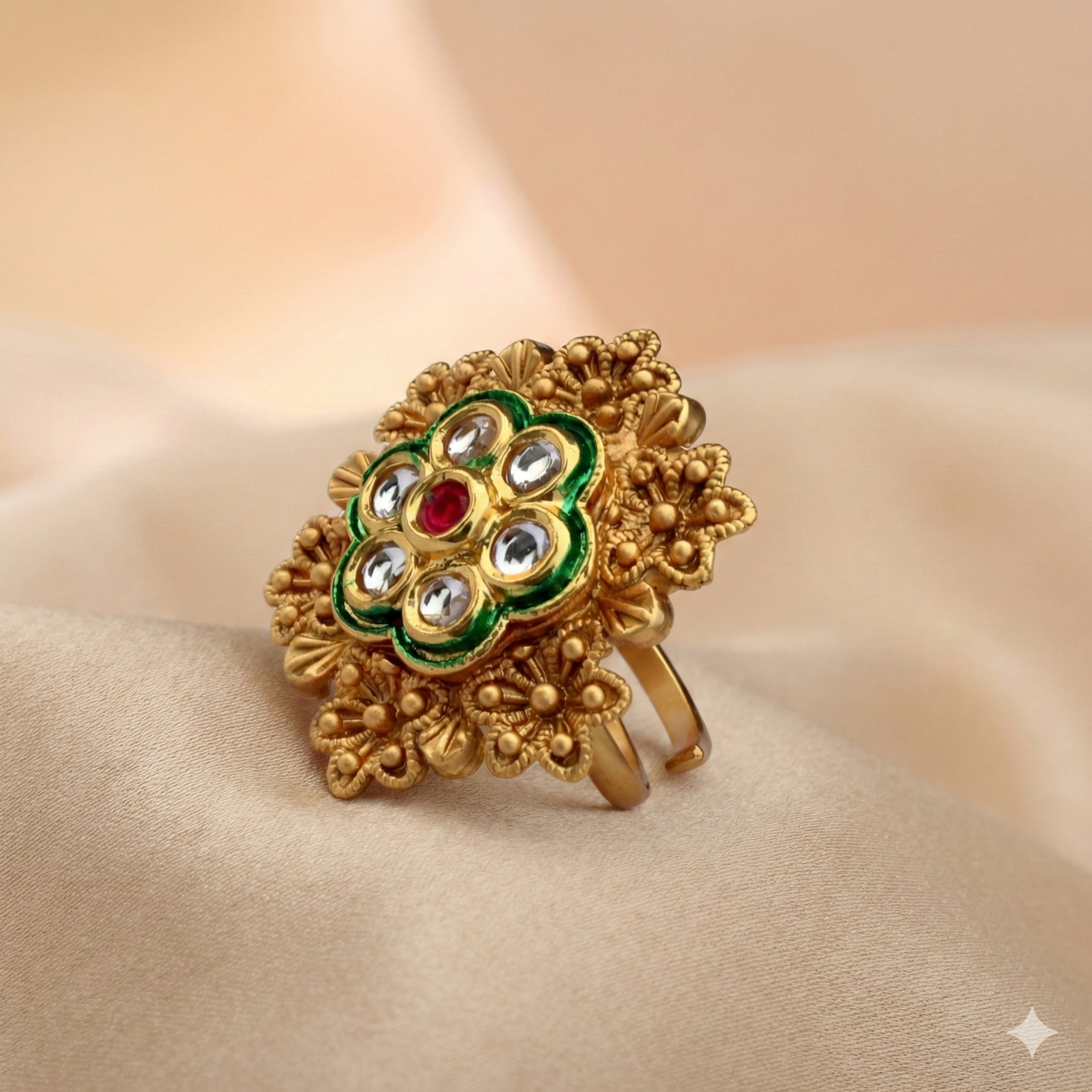 Gold Plated Floral Ring - Adjustable Traditional Ring with Green Enamel and Pearl Stones