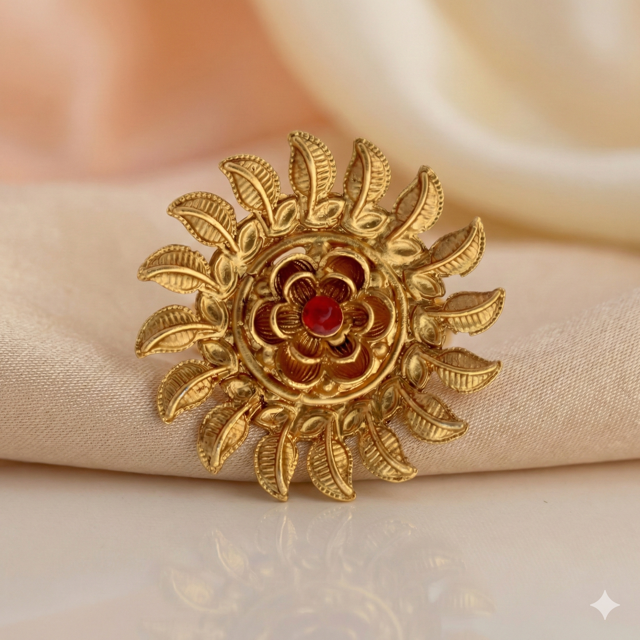 Gold Plated Sunburst Ring - Adjustable Traditional Floral Ring with Red Stone