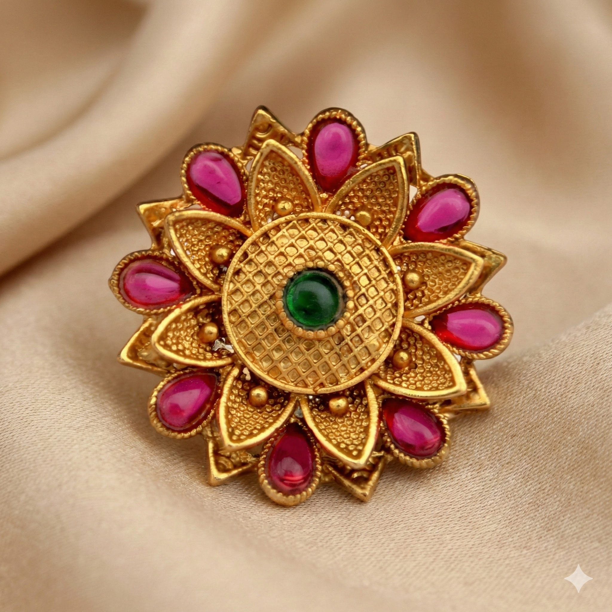 Gold Plated Sunburst Ring - Adjustable Traditional Ring with Pink and Green Stones