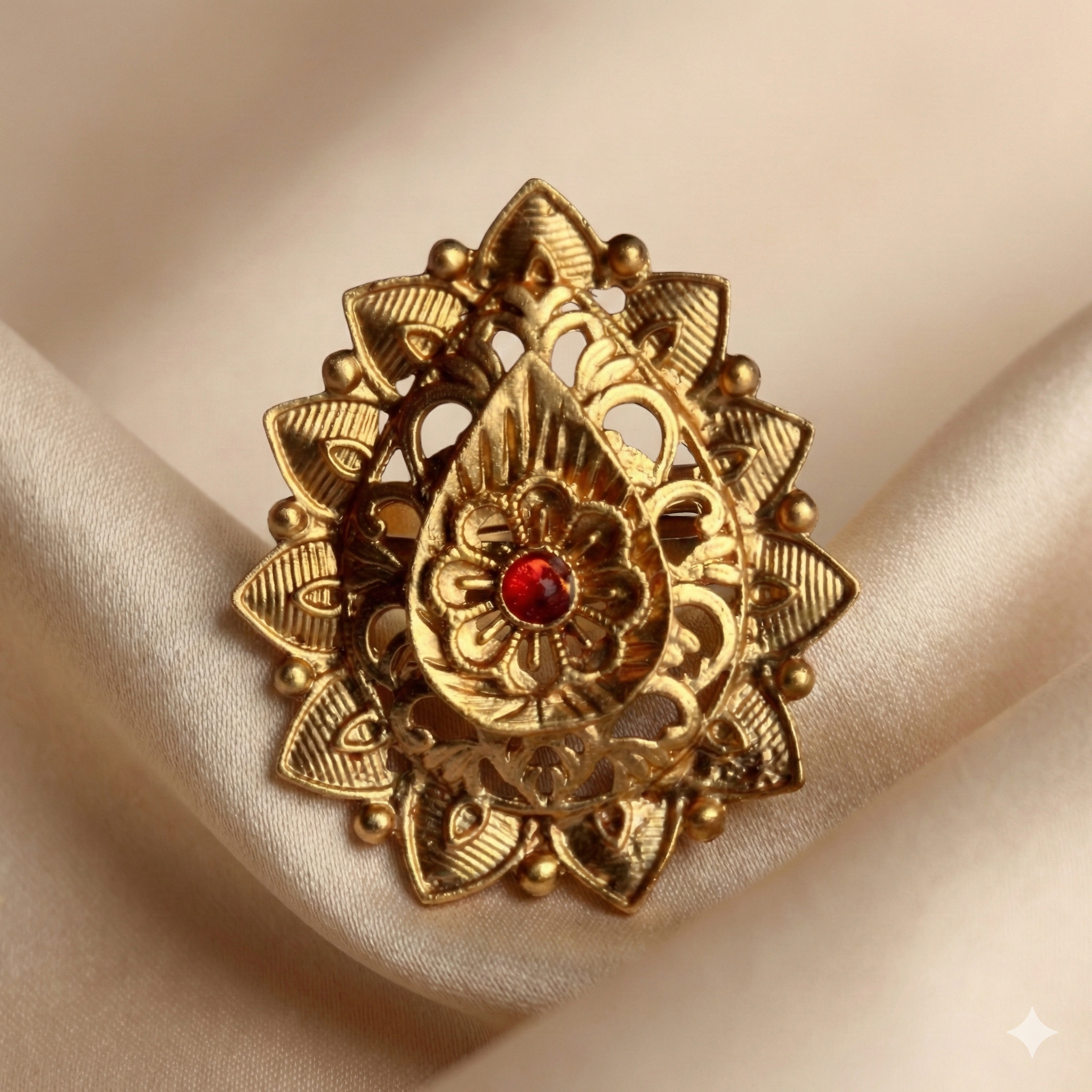 Gold Plated Antique Ring - Adjustable Traditional Multi-Layered Ring with Red Stone