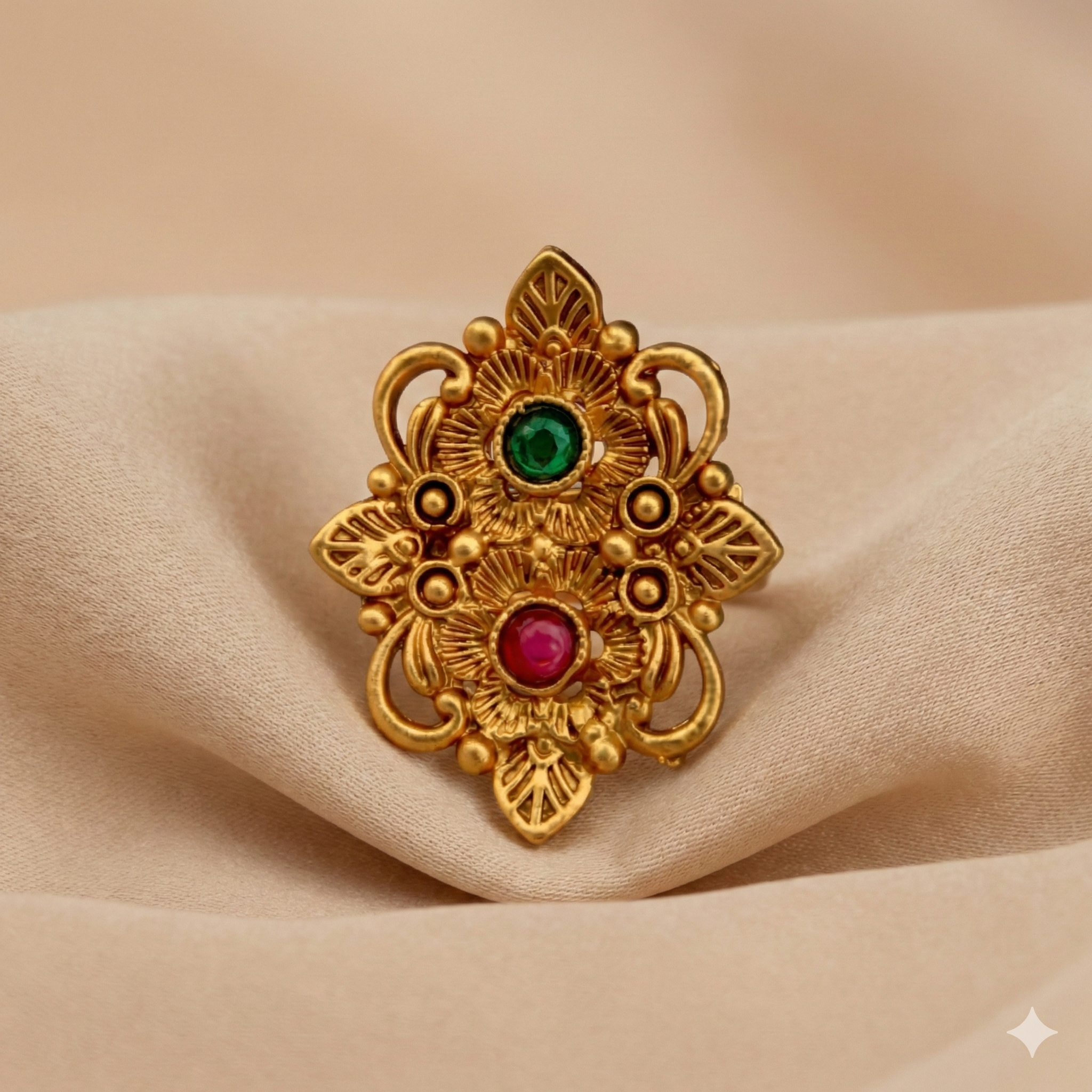 Gold Plated Antique Ring - Adjustable Traditional Ring with Green and Red Stones