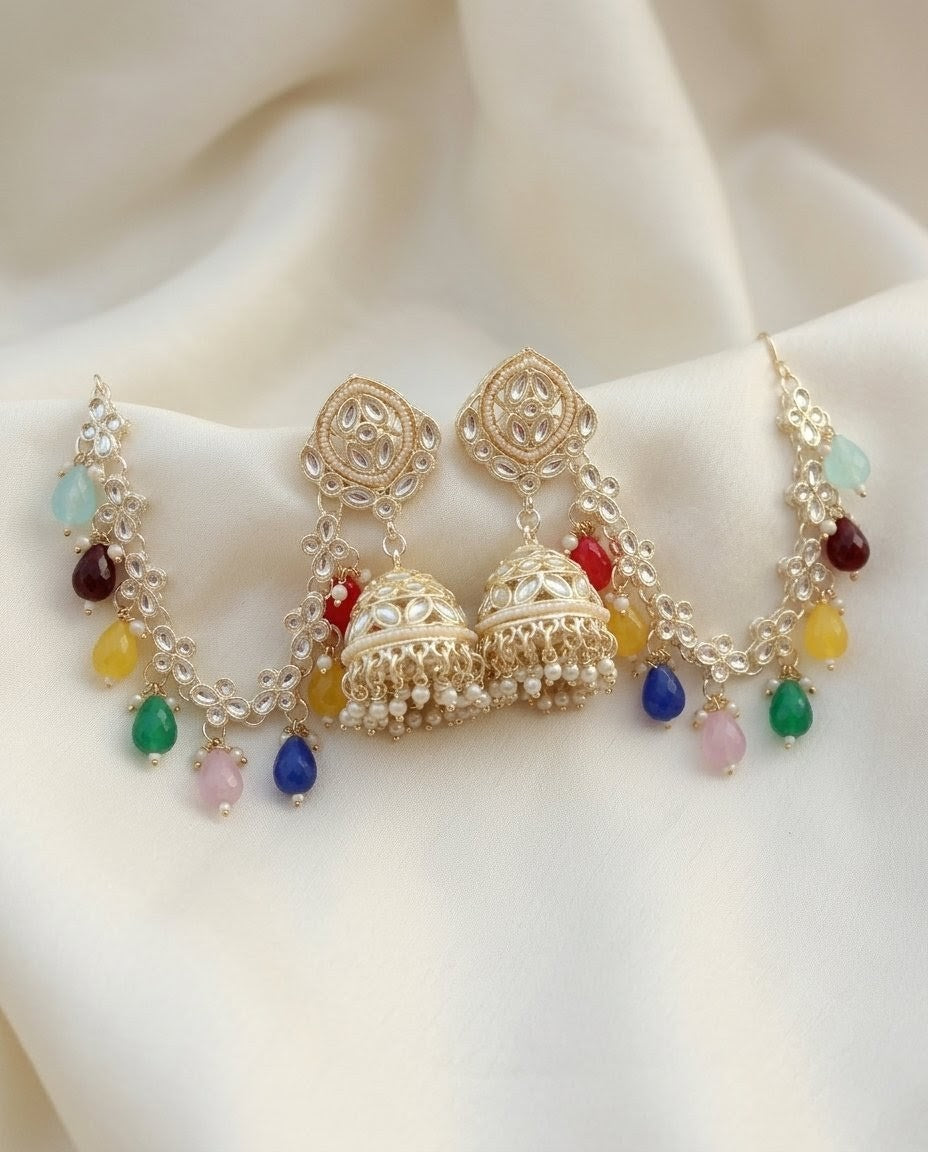Kundan Jhumka Earrings with Attached Hair Chain - Golden Imitation Jewelry with Multicolor Beads
