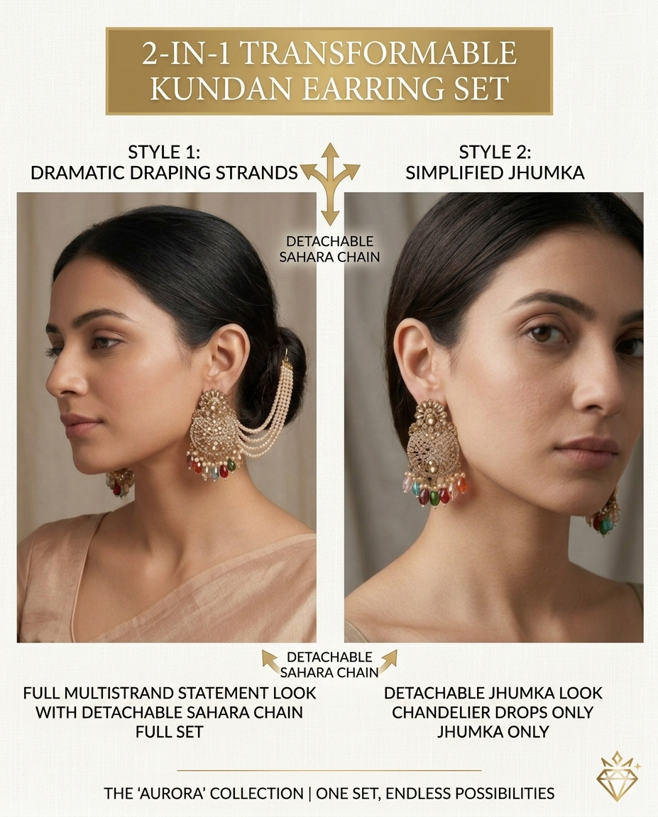 2-in-1 Transformable Kundan Earring Set - Golden Imitation Jewelry with Chain & Multicolor Beads