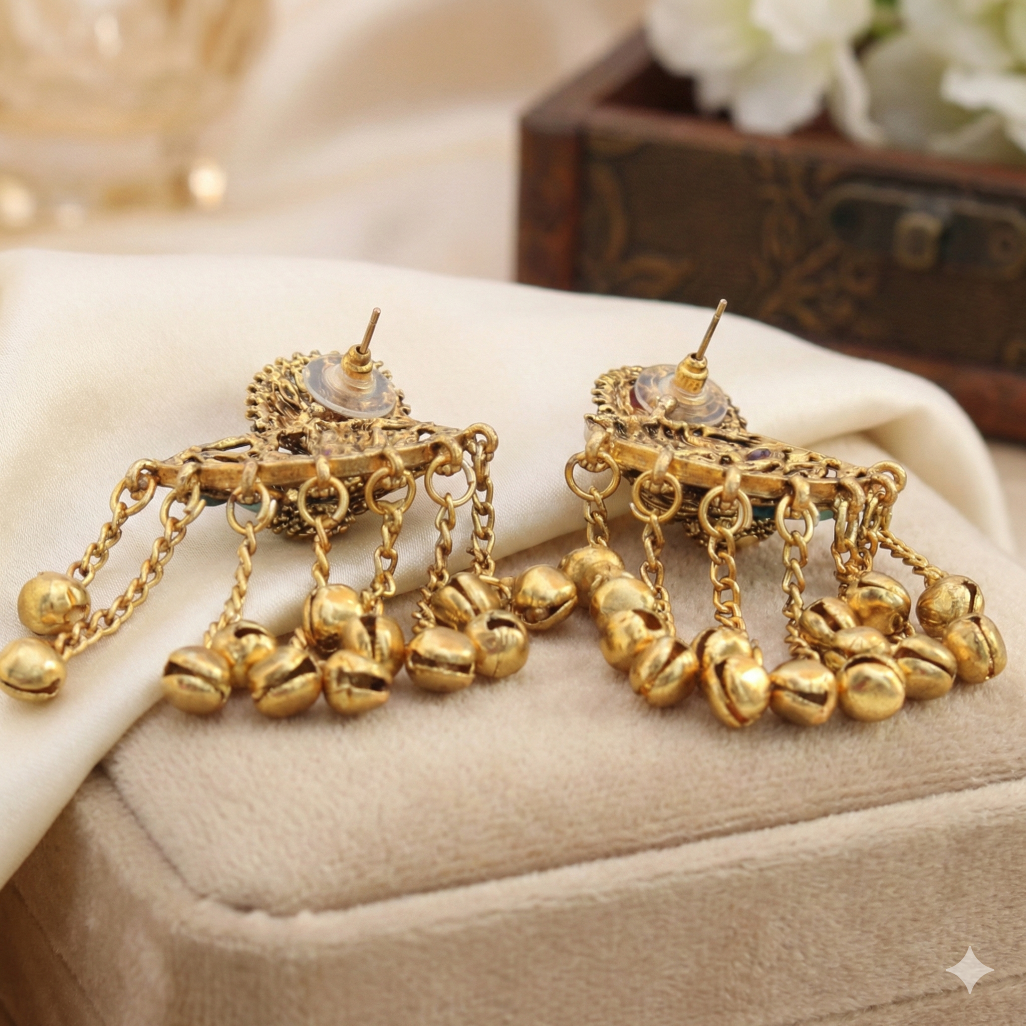 Kashmiri Peacock Earrings - Golden Imitation Jewelry with Multicolor Stones & Ghungroo
