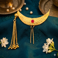 Designer Crescent Golden Khopa with Chain & Beads | Hair Accessory