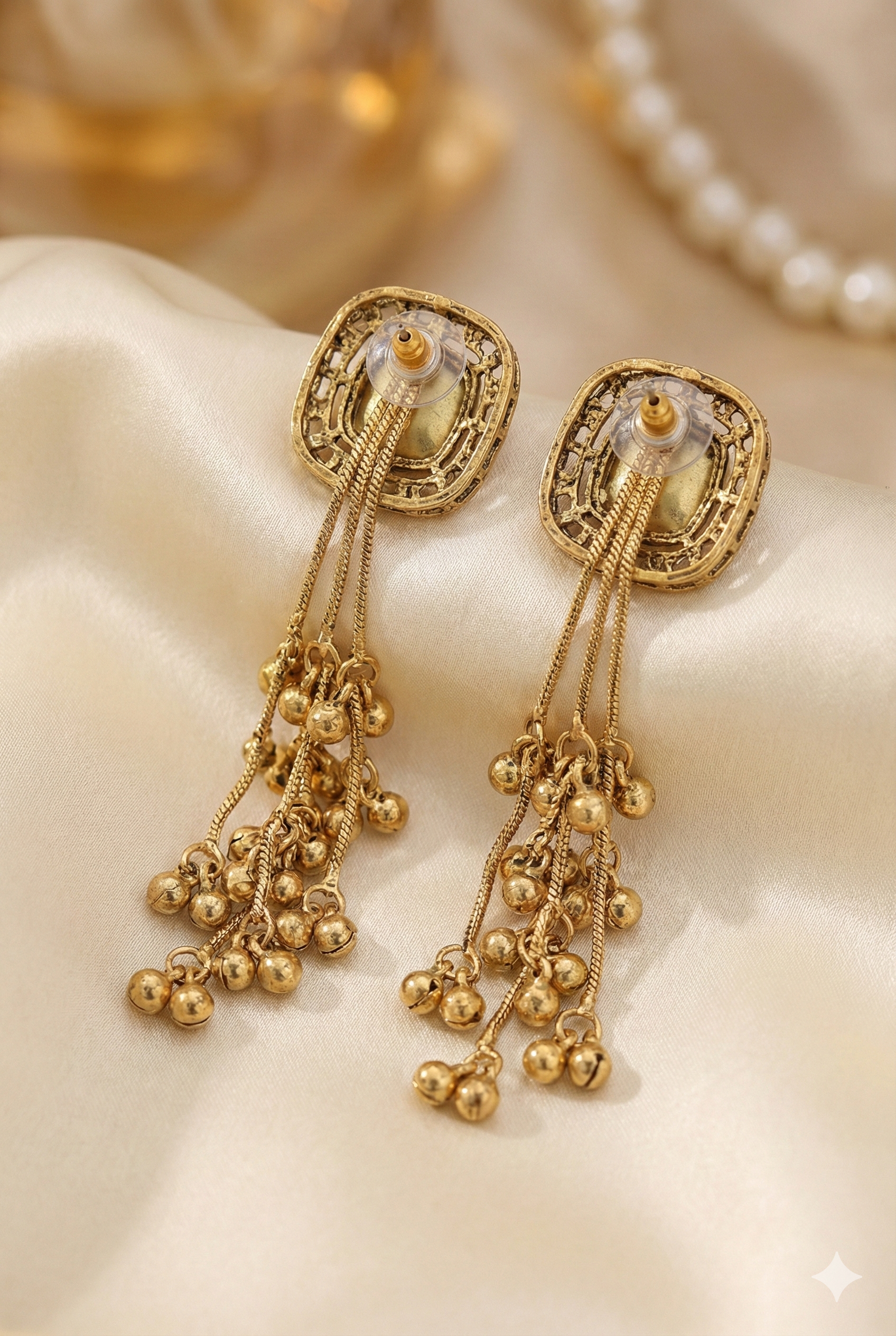 Kashmiri Delicate Chain Crystal Earrings - Golden Imitation Jewelry with Ghungroo