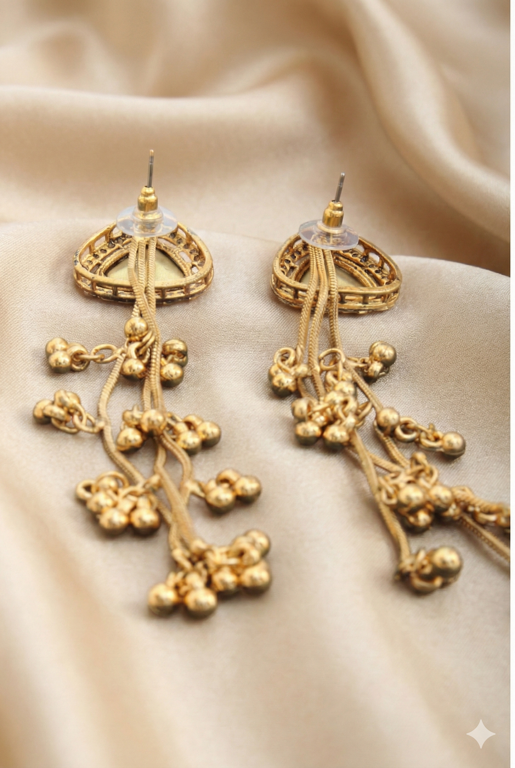 Kashmiri Triangle Crystal Earrings - Golden Imitation Jewelry with Long Ghungroo Chains