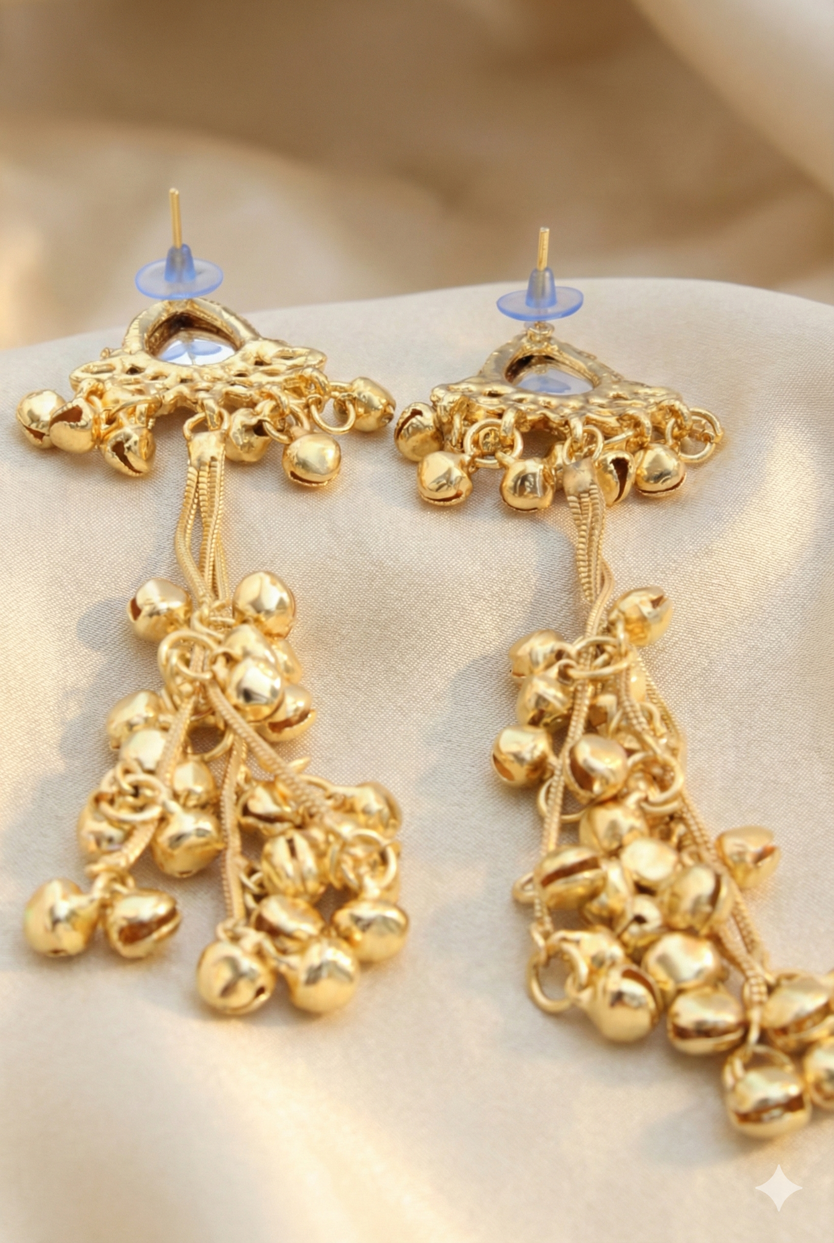 Kashmiri Teardrop Crystal Earrings - Golden Imitation Jewelry with Ghungroo Chains