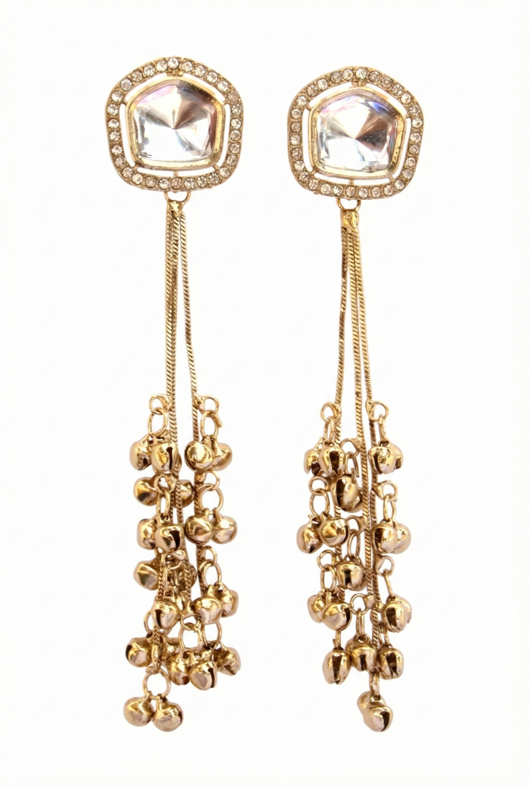 Kashmiri Cushion Crystal Earrings - Golden Imitation Jewelry with Long Ghungroo Chains
