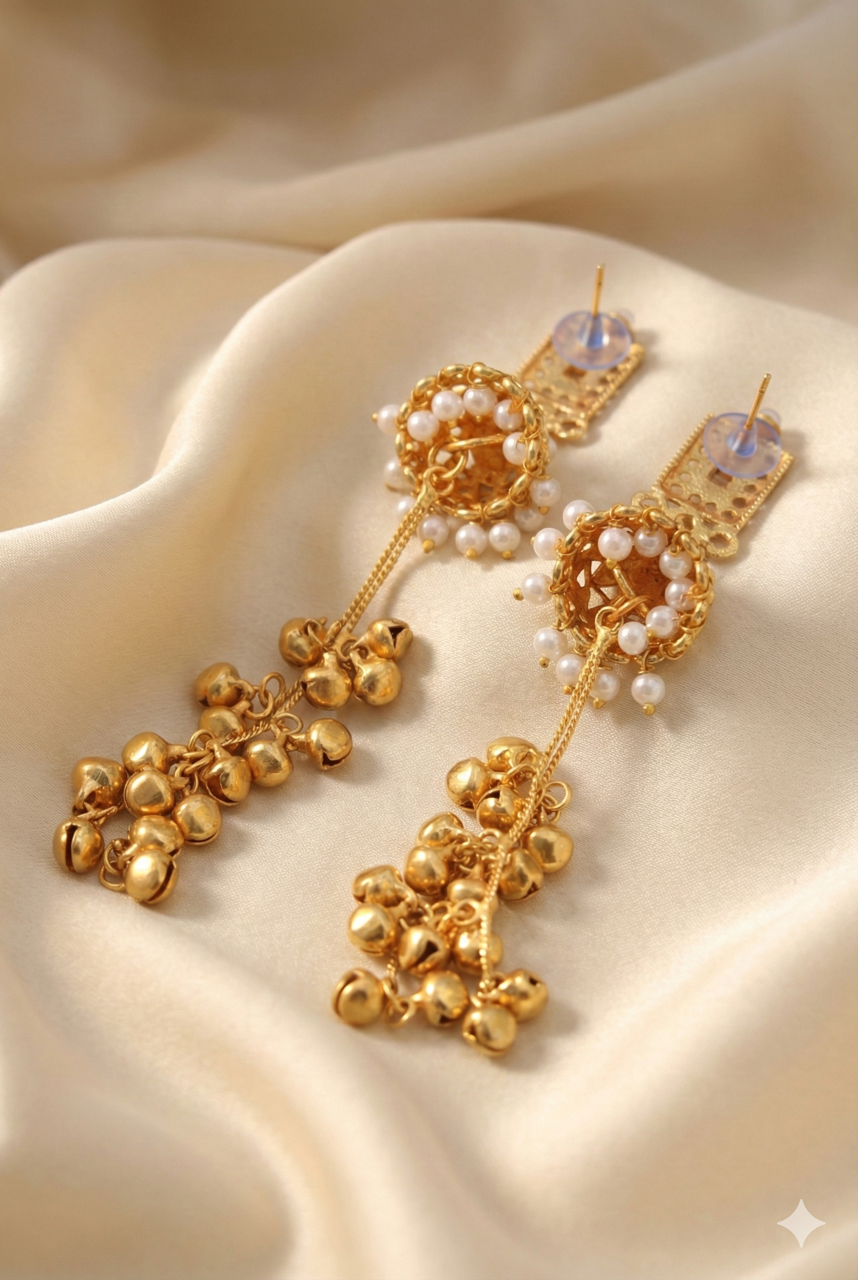 Traditional Kashmiri Jhumka Earrings - Golden Imitation Jewelry with Pearl Beads