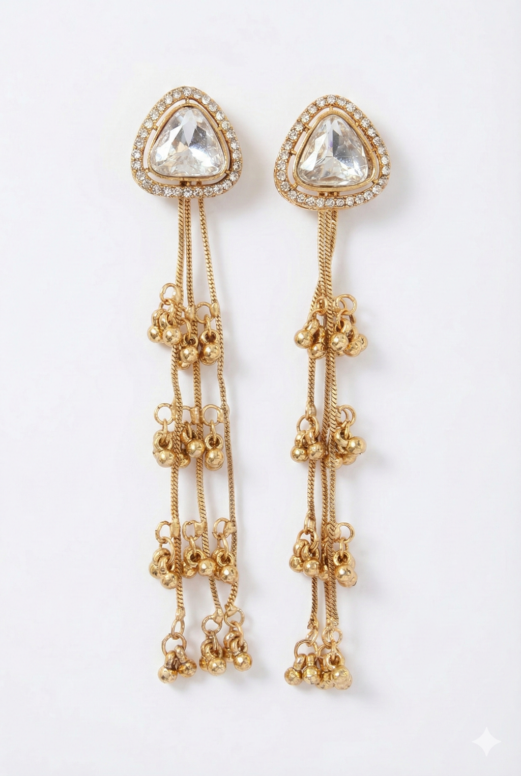 Kashmiri Triangle Crystal Earrings - Golden Imitation Jewelry with Long Ghungroo Chains