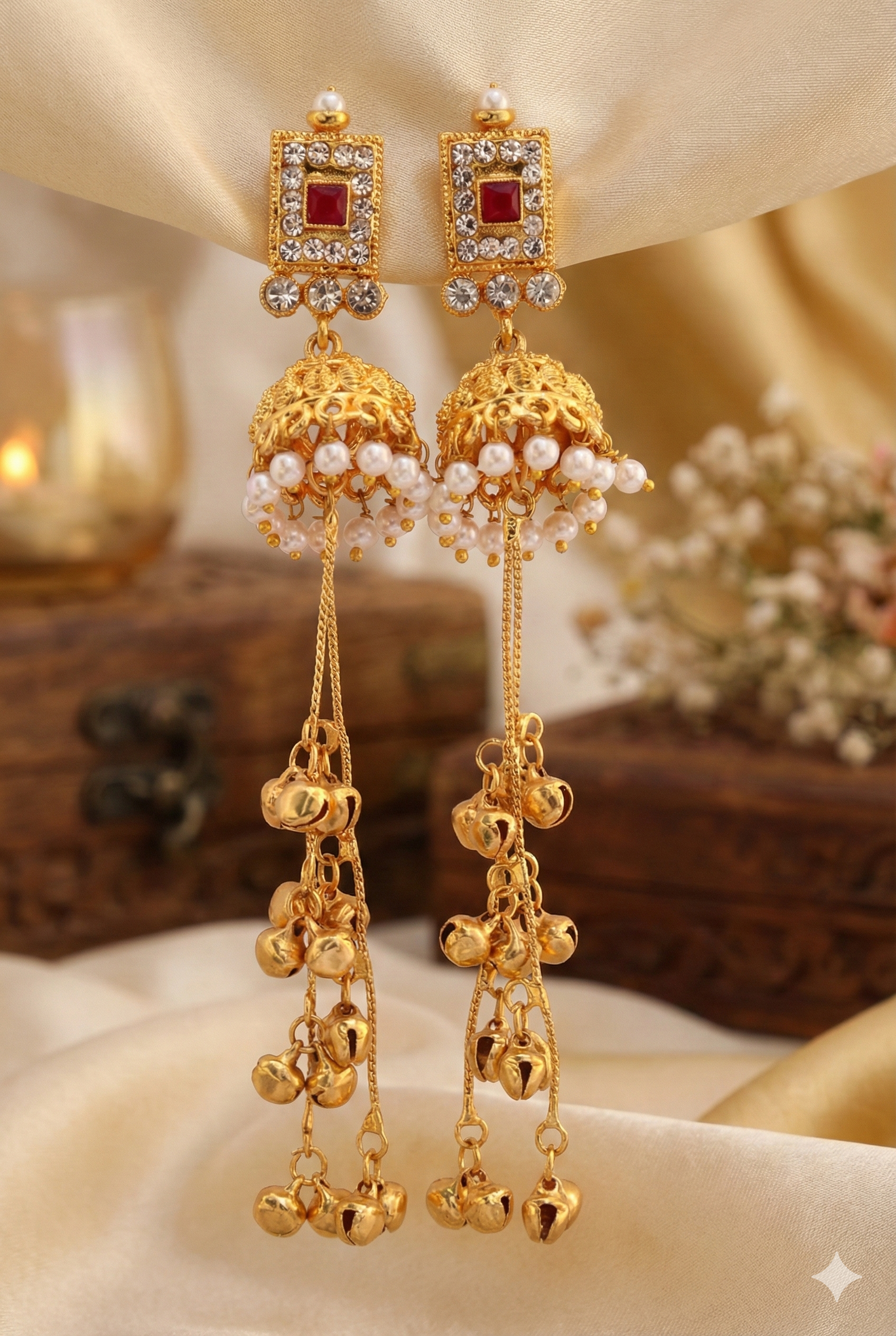 Traditional Kashmiri Jhumka Earrings - Golden Imitation Jewelry with Pearl Beads