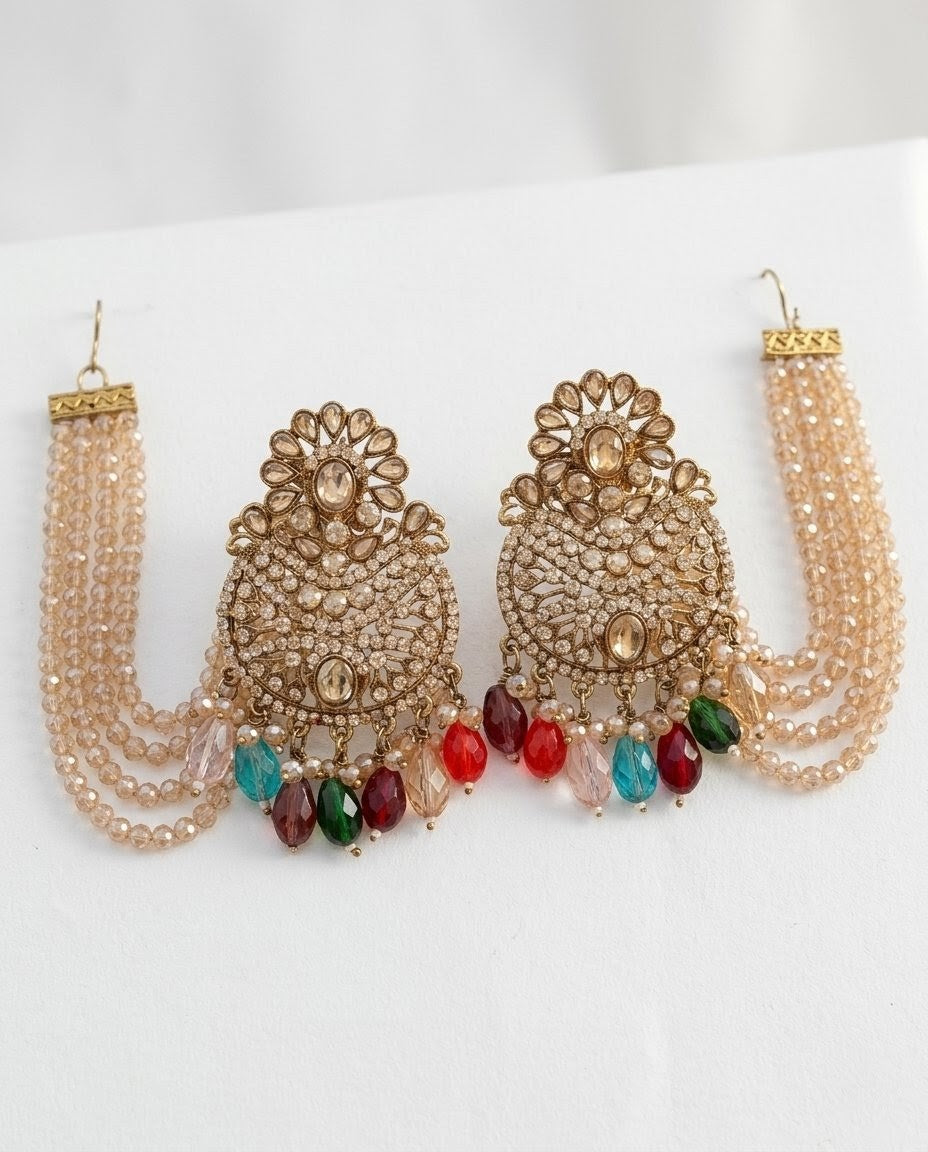 2-in-1 Transformable Kundan Earring Set - Golden Imitation Jewelry with Chain & Multicolor Beads