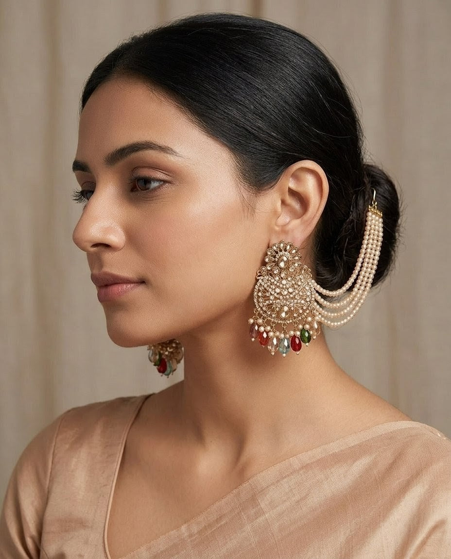 2-in-1 Transformable Kundan Earring Set - Golden Imitation Jewelry with Chain & Multicolor Beads