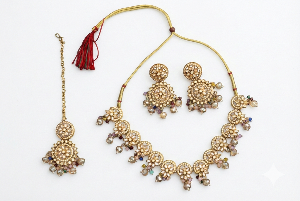 Kundan Floral Necklace Set with Earrings & Maang Tikka | Beige Stone Imitation Jewellery