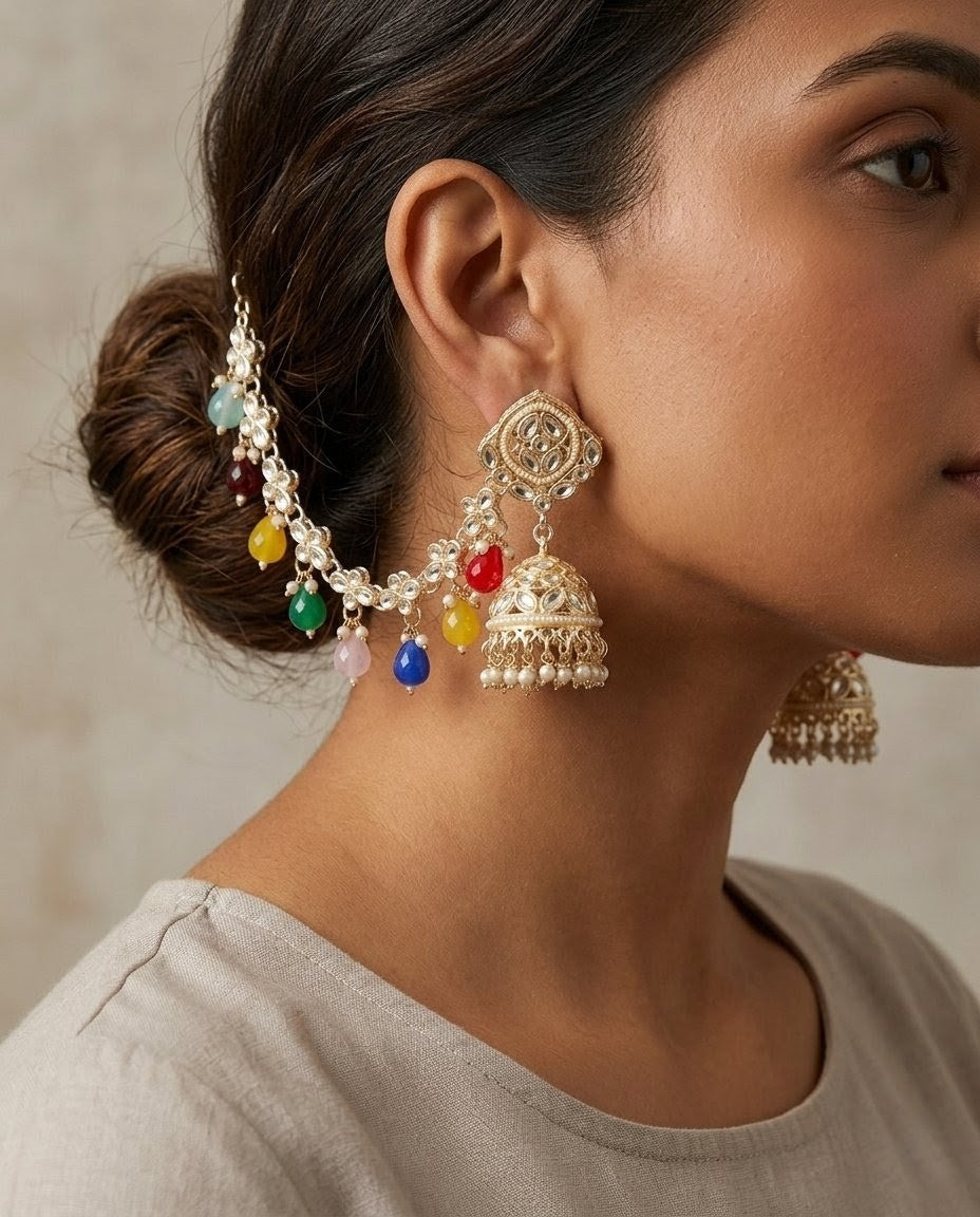 Kundan Jhumka Earrings with Attached Hair Chain - Golden Imitation Jewelry with Multicolor Beads
