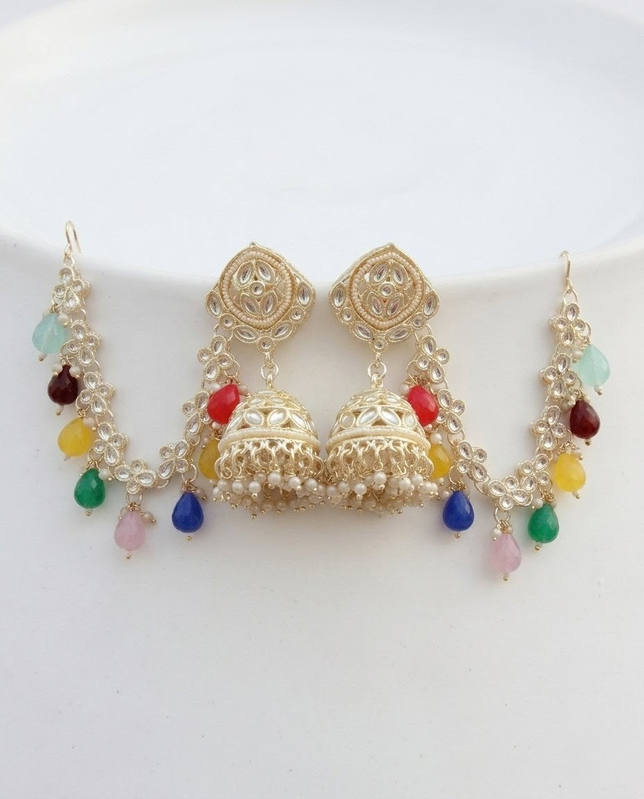 Kundan Jhumka Earrings with Attached Hair Chain - Golden Imitation Jewelry with Multicolor Beads