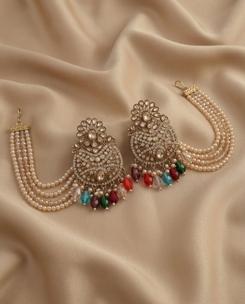 2-in-1 Transformable Kundan Earring Set - Golden Imitation Jewelry with Chain & Multicolor Beads