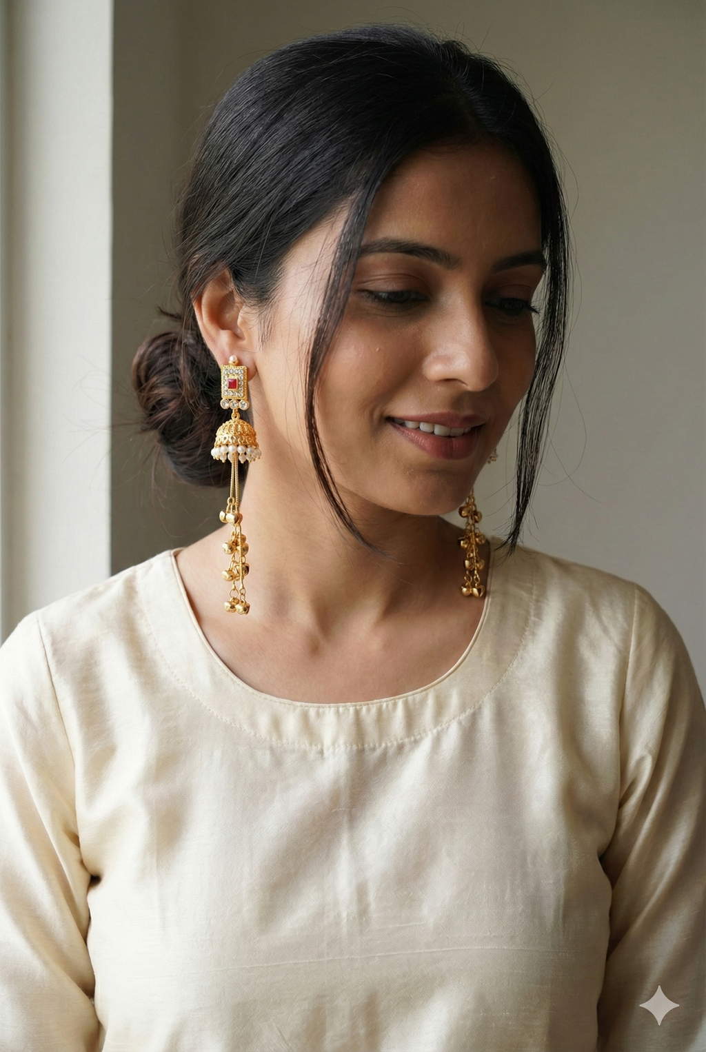 Traditional Kashmiri Jhumka Earrings - Golden Imitation Jewelry with Pearl Beads