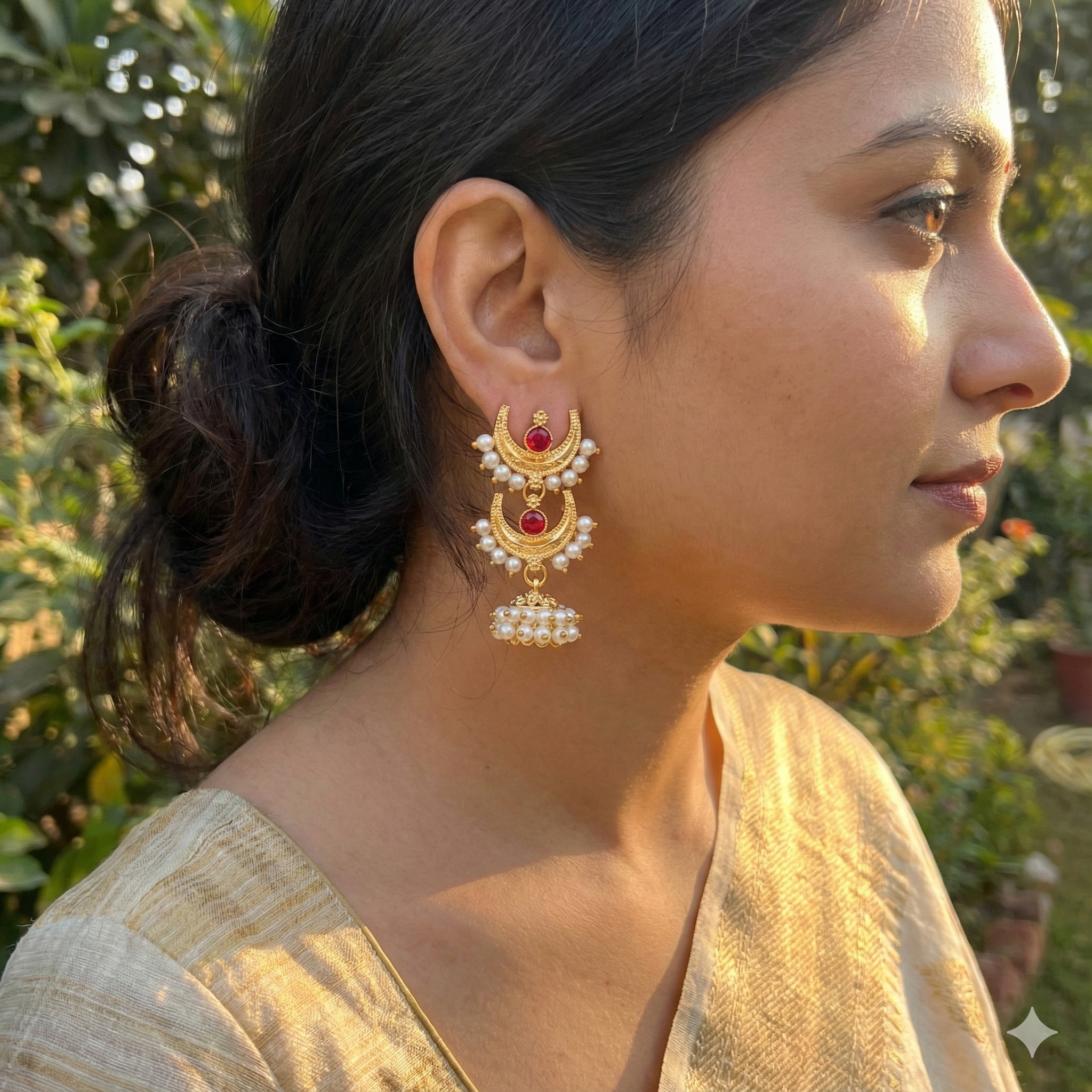 Double Chandbali Pearl Jhumka Earrings with Red Stones | Gold Plated Ethnic Jewellery