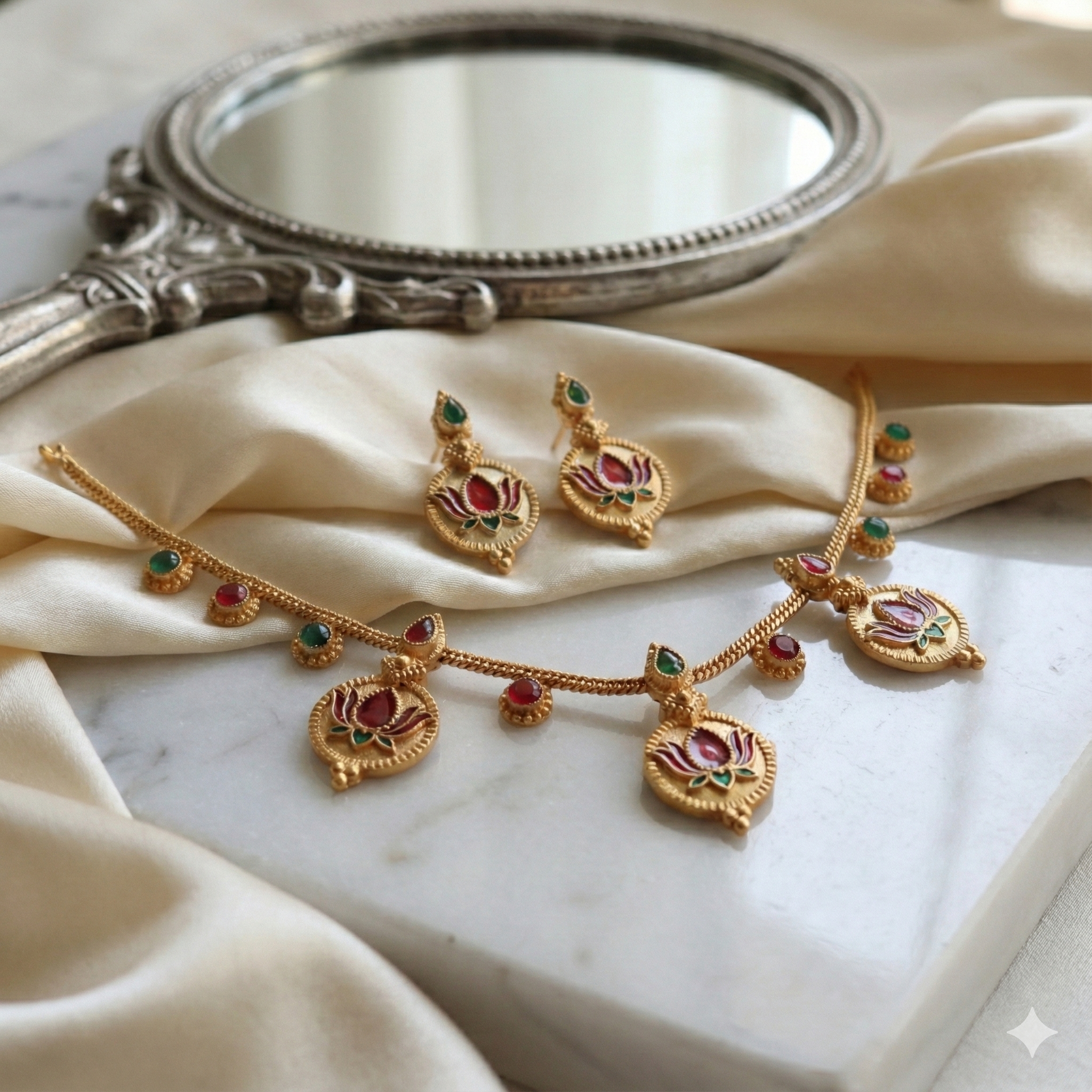 Premium 100% Copper Coin Necklace Set with Lotus Motif | Red & Green Stones