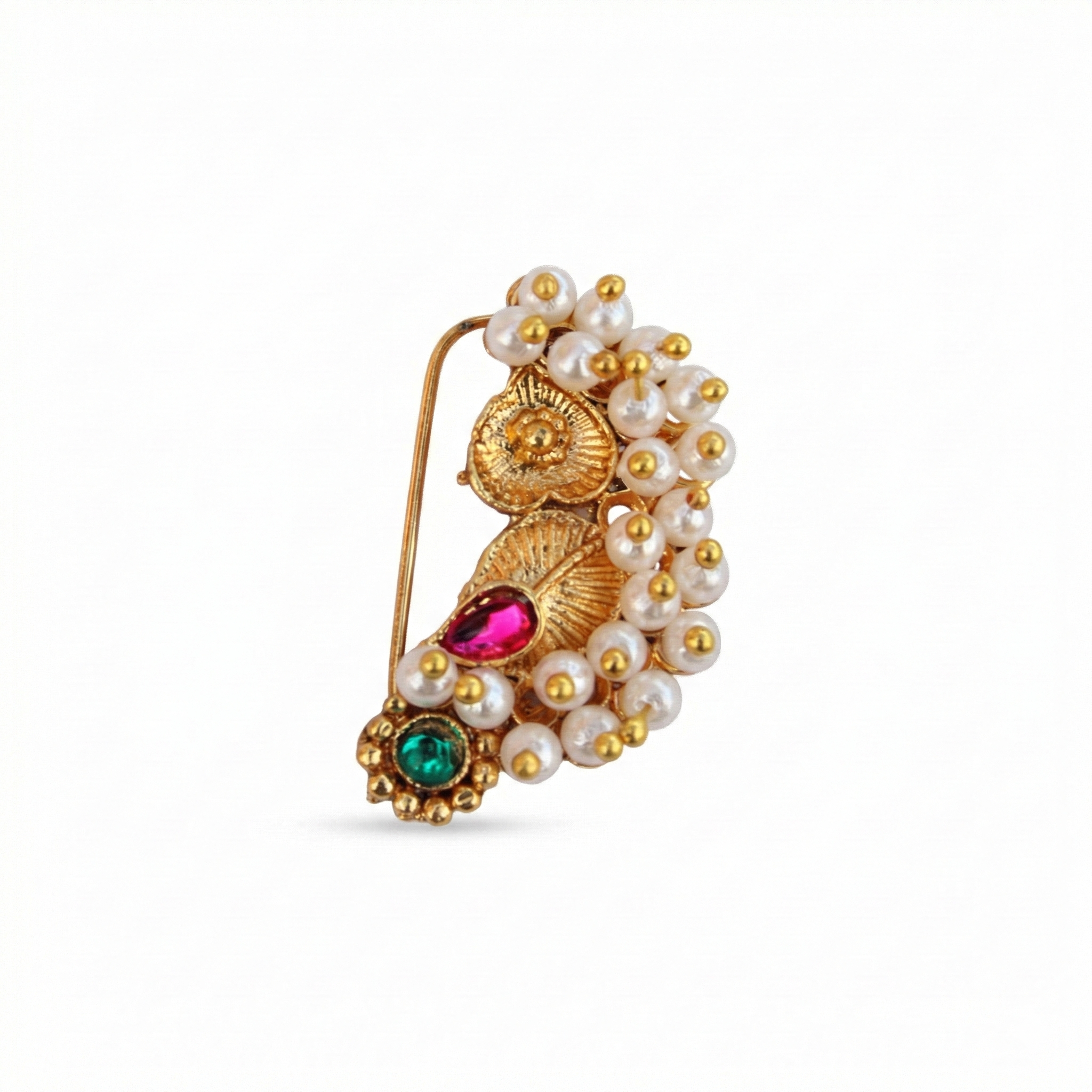 Traditional Maharashtrian Leaf Motif Press Nath | Gold Plated Pearl Clip-On Nose Pin