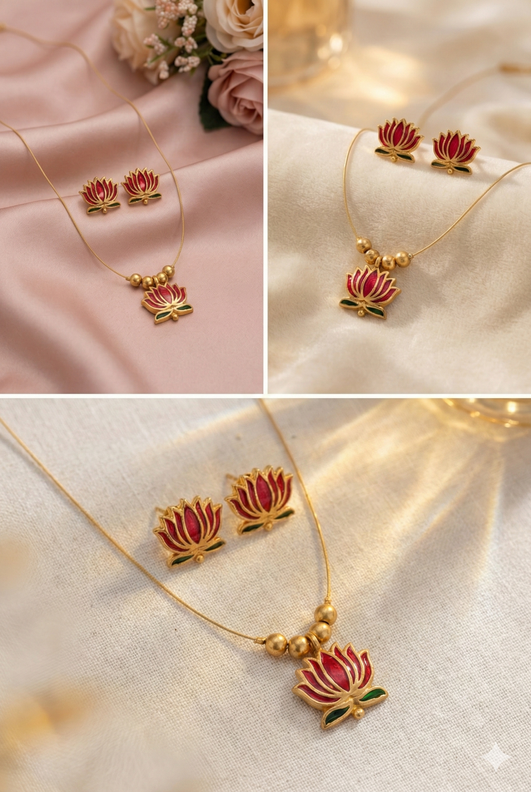 Invisible Lotus Necklace Set with Earrings - Gold Plated Red Enamel Jewelry