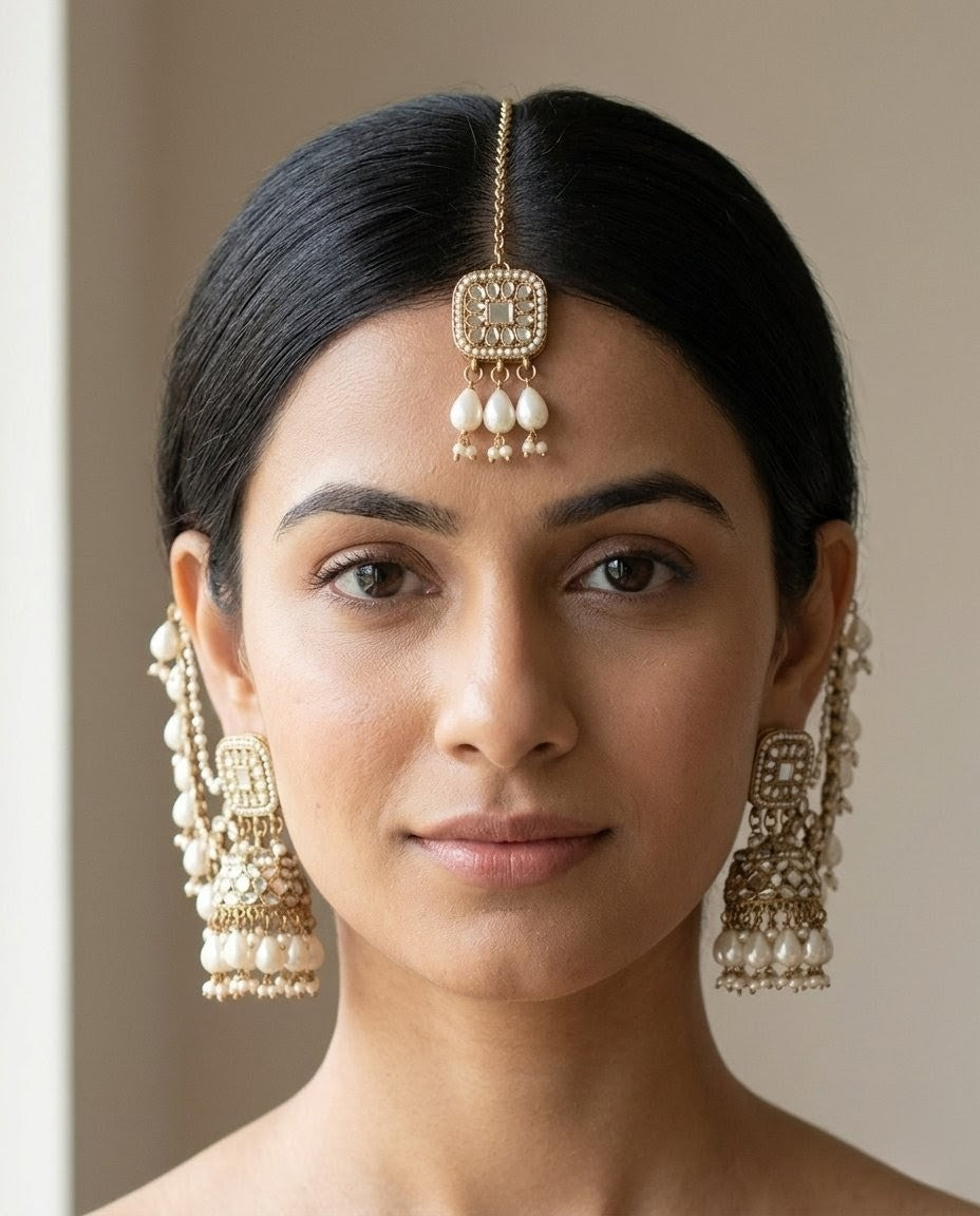 Kundan Jhumka Earrings with Maang Tikka & Chain Set - Golden Imitation Bridal Jewelry