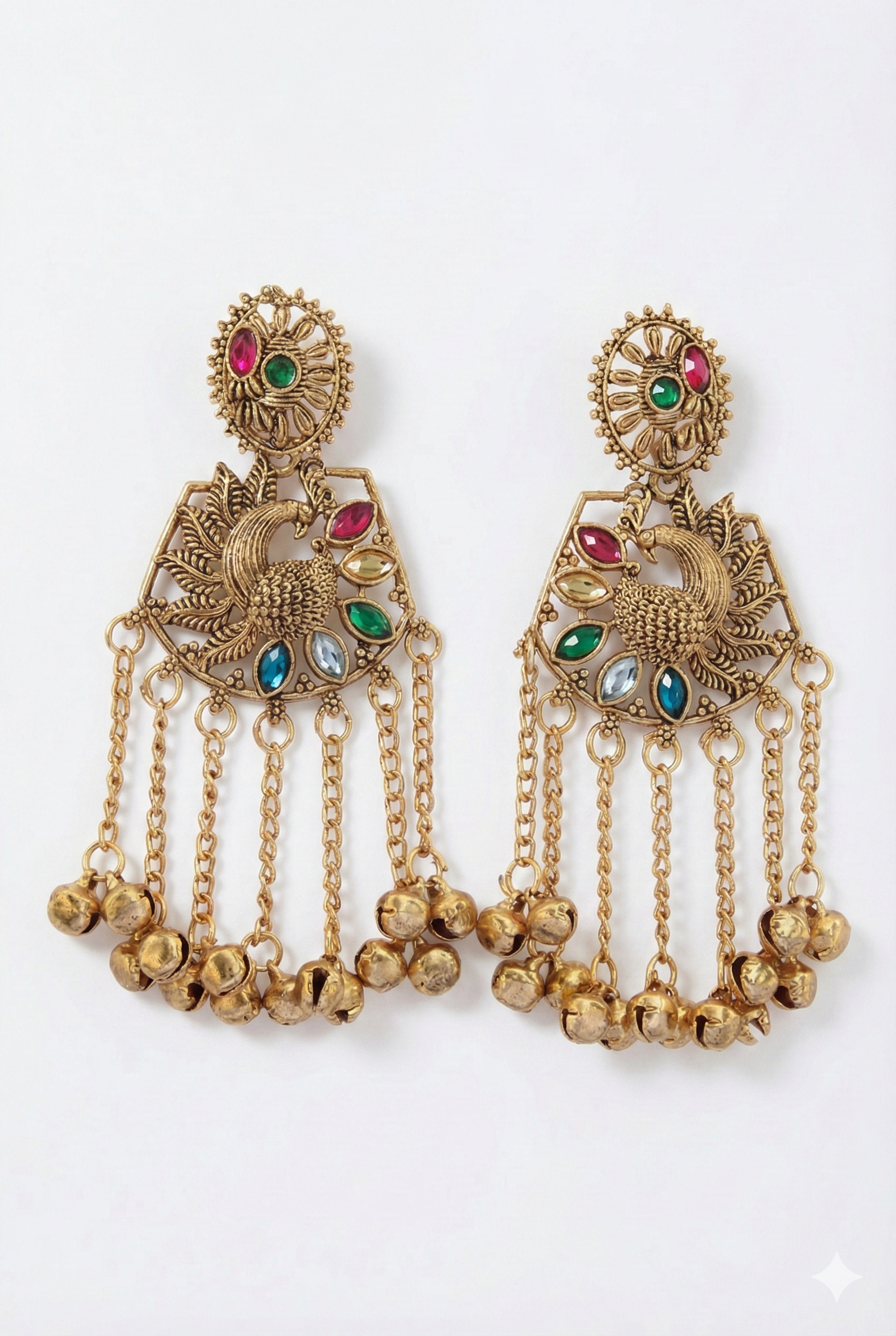 Kashmiri Peacock Earrings - Golden Imitation Jewelry with Multicolor Stones & Ghungroo