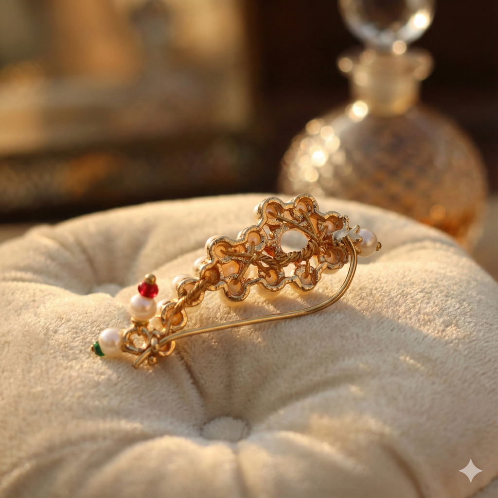 Traditional Maharashtrian Pearl Nath | Gold Plated Non-Press Nose Pin for Pierced Nose