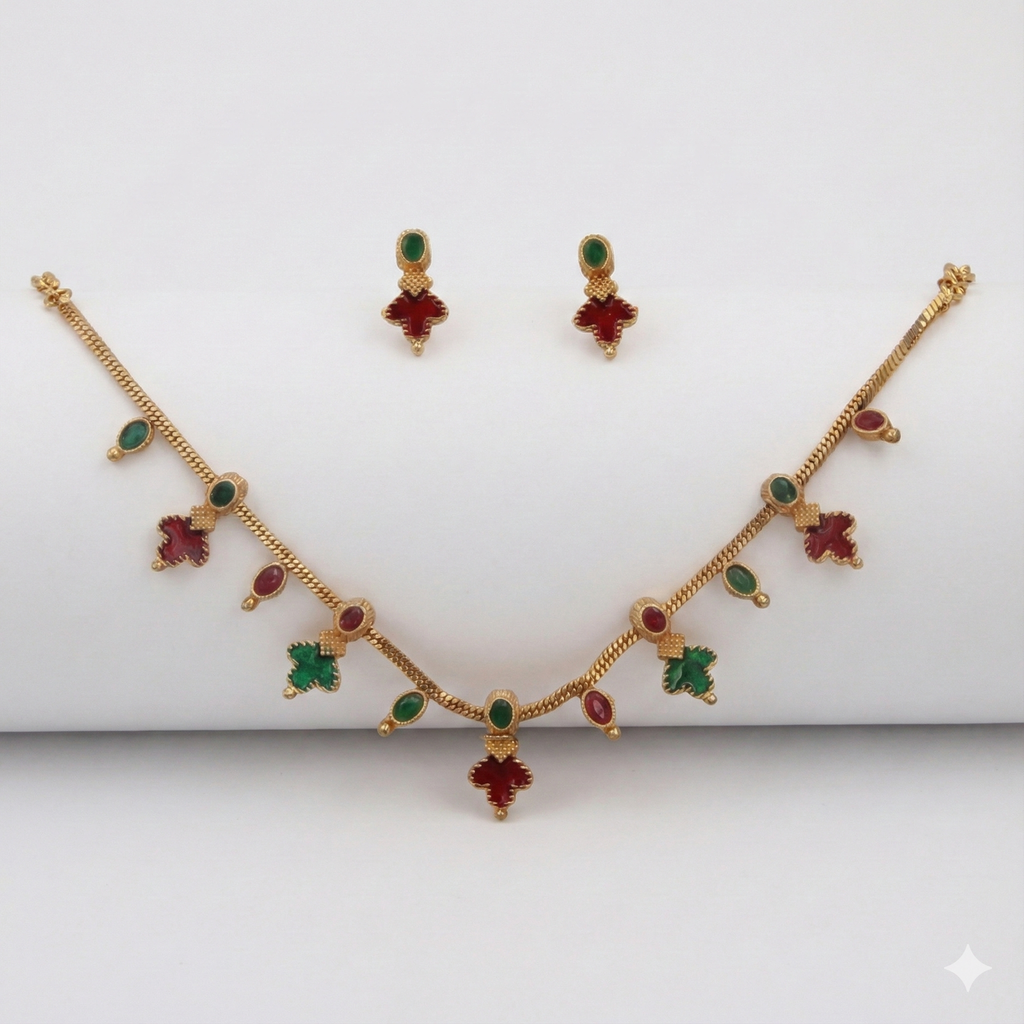 Premium 100% Copper Necklace Set with Stylized Leaf Charms | Red & Green Stones