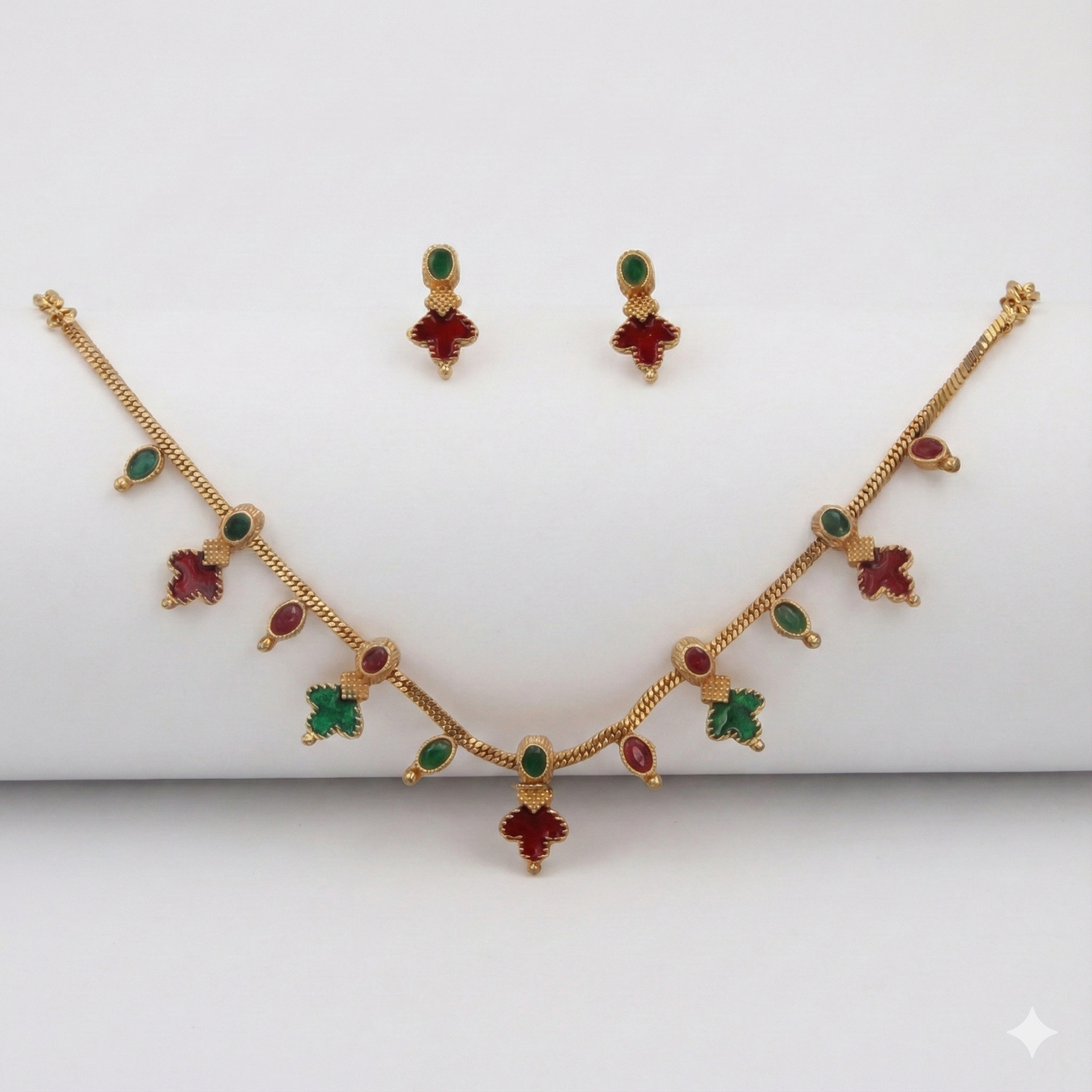 Premium 100% Copper Necklace Set with Stylized Leaf Charms | Red & Green Stones