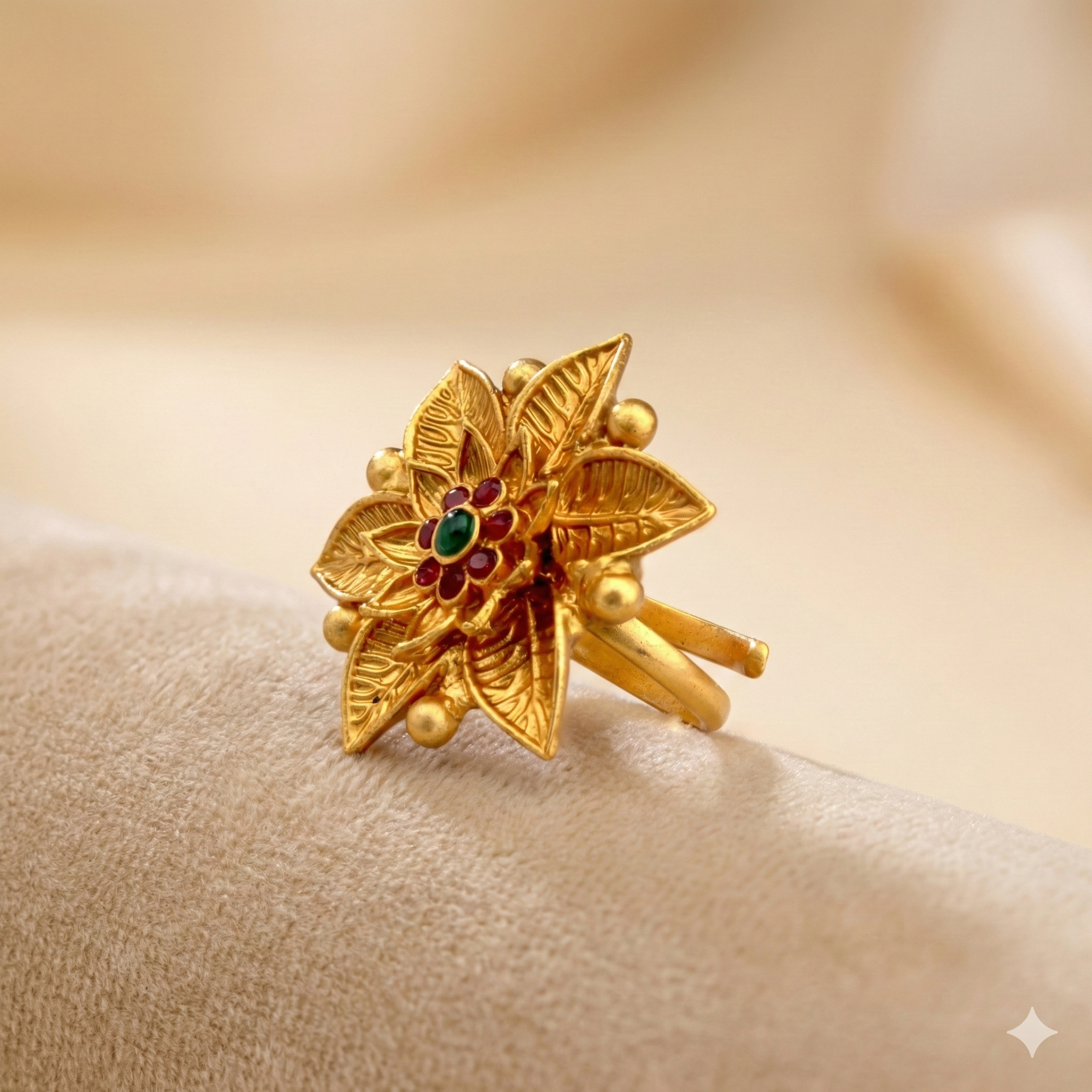 Golden Leaf and Floral Adjustable Ring - Imitation Jewelry