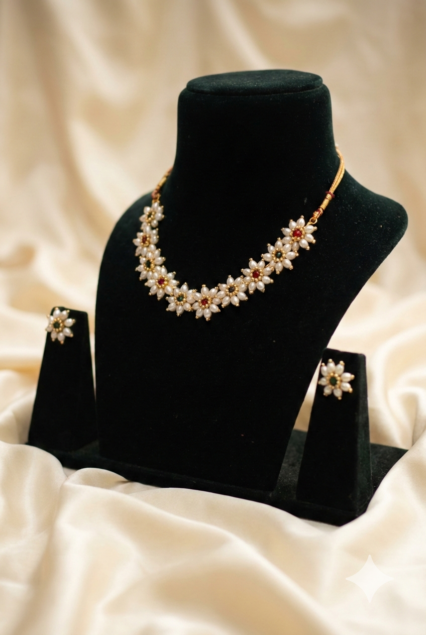 Traditional Parijatak Floral Pearl Choker Set with earrings | Prajakta Moti Jewellery with Red & Green Stones
