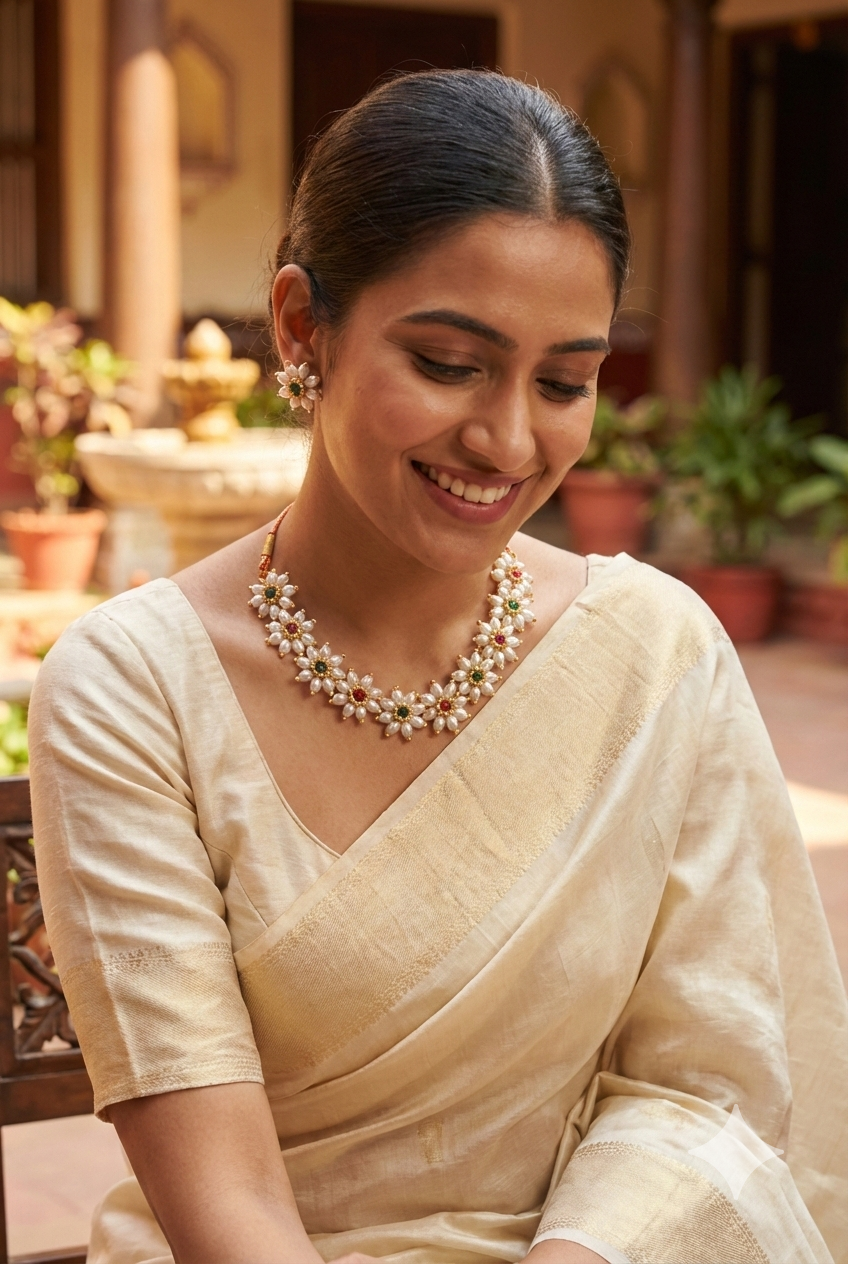 Traditional Parijatak Floral Pearl Choker Set with earrings | Prajakta Moti Jewellery with Red & Green Stones