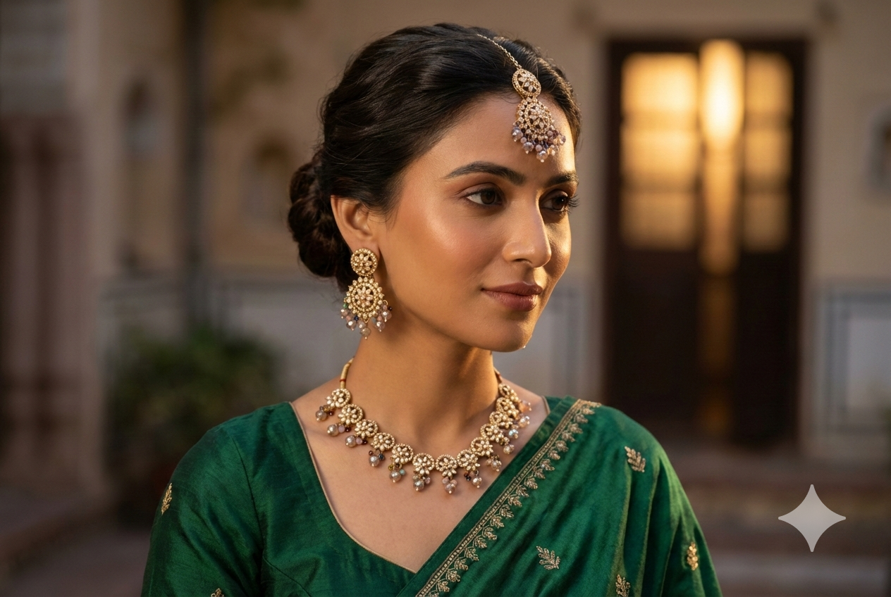 Kundan Floral Necklace Set with Earrings & Maang Tikka | Beige Stone Imitation Jewellery