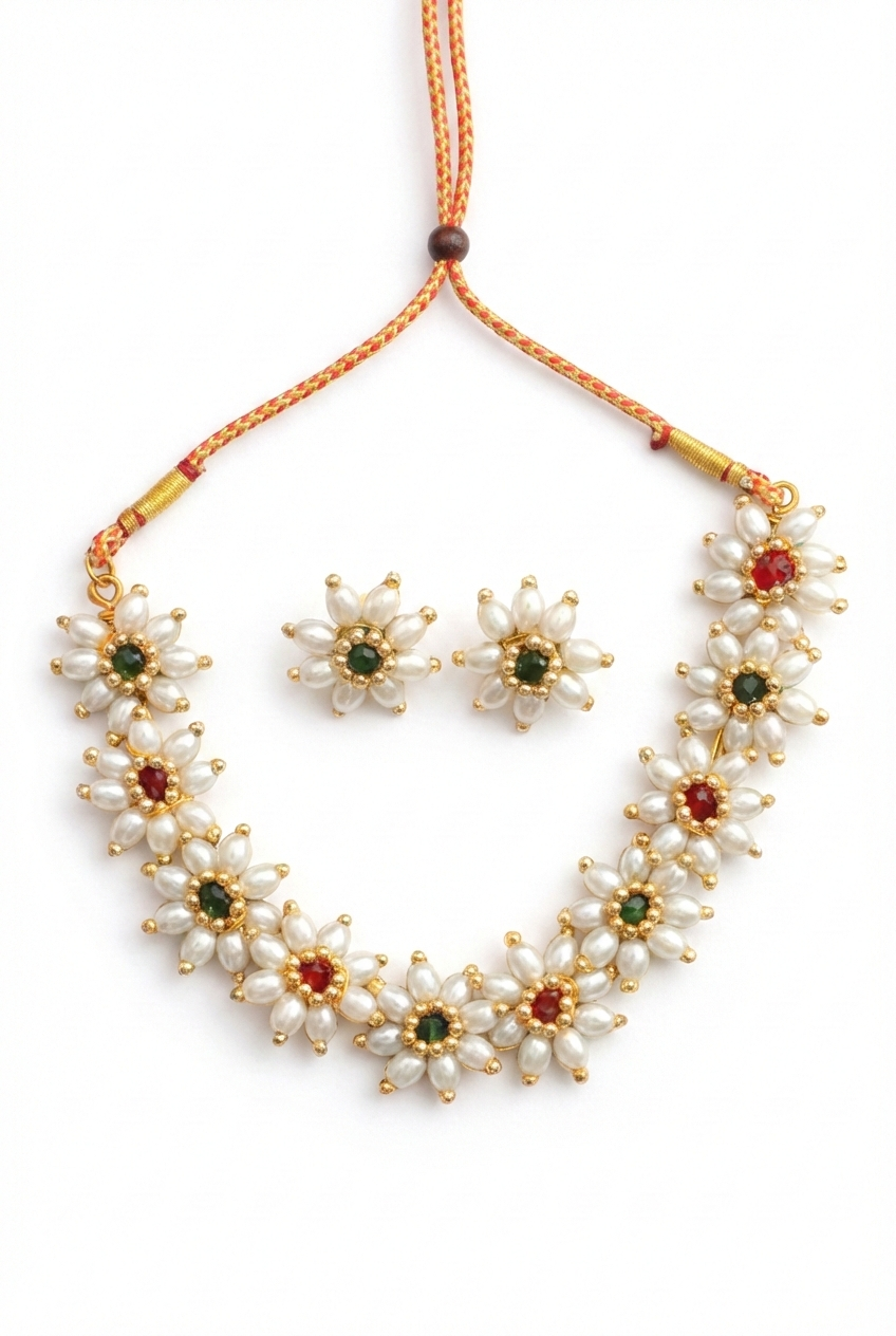 Traditional Parijatak Floral Pearl Choker Set with earrings | Prajakta Moti Jewellery with Red & Green Stones