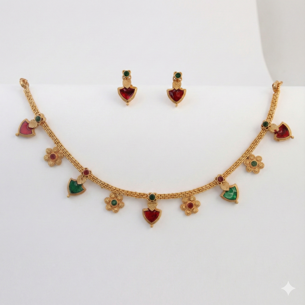 Premium 100% Copper Necklace Set with Heart & Floral Charms | Red & Green Stones